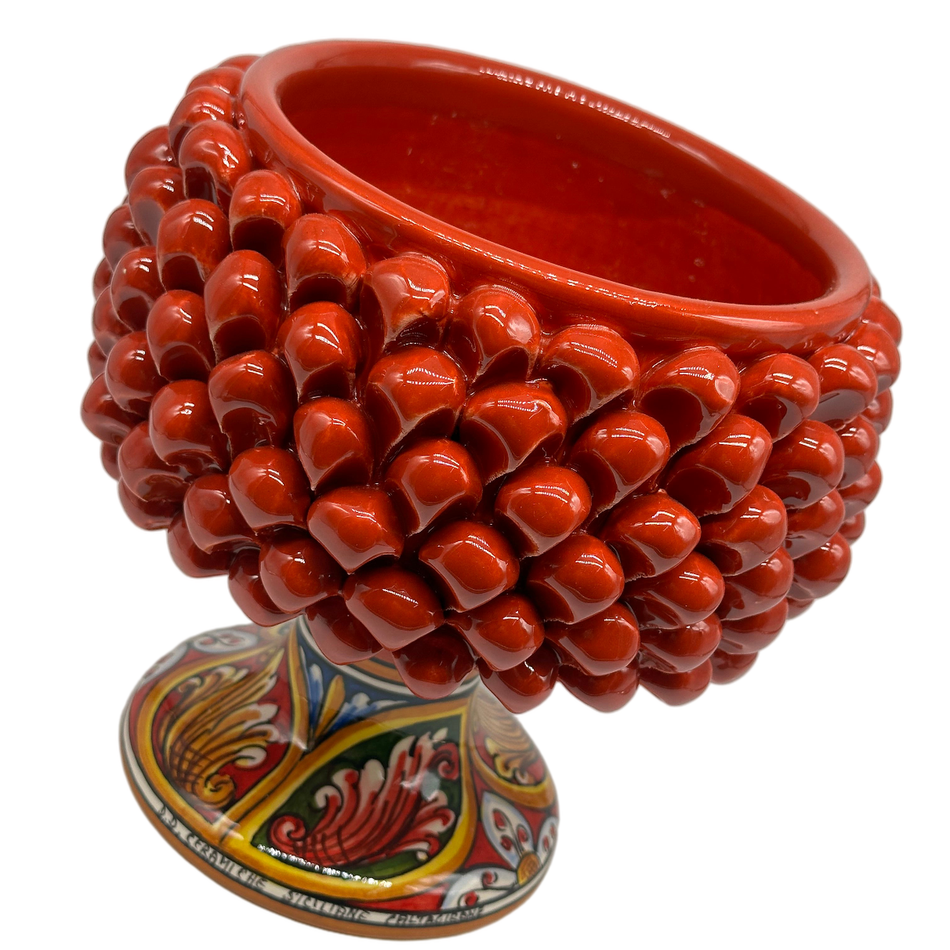 Portavaso Mezza Pigna Ceramica Caltagirone cm H.20 L.20 Artigianale Rosso Base Decorata - MEZZA PIGNA