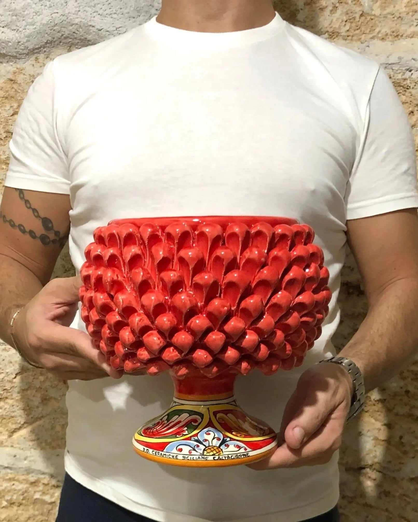 Portavaso Mezza Pigna Ceramica Caltagirone cm H.20 L.20 Artigianale Rosso Nuova Decorazione DD CERAMICHE SICILIANE