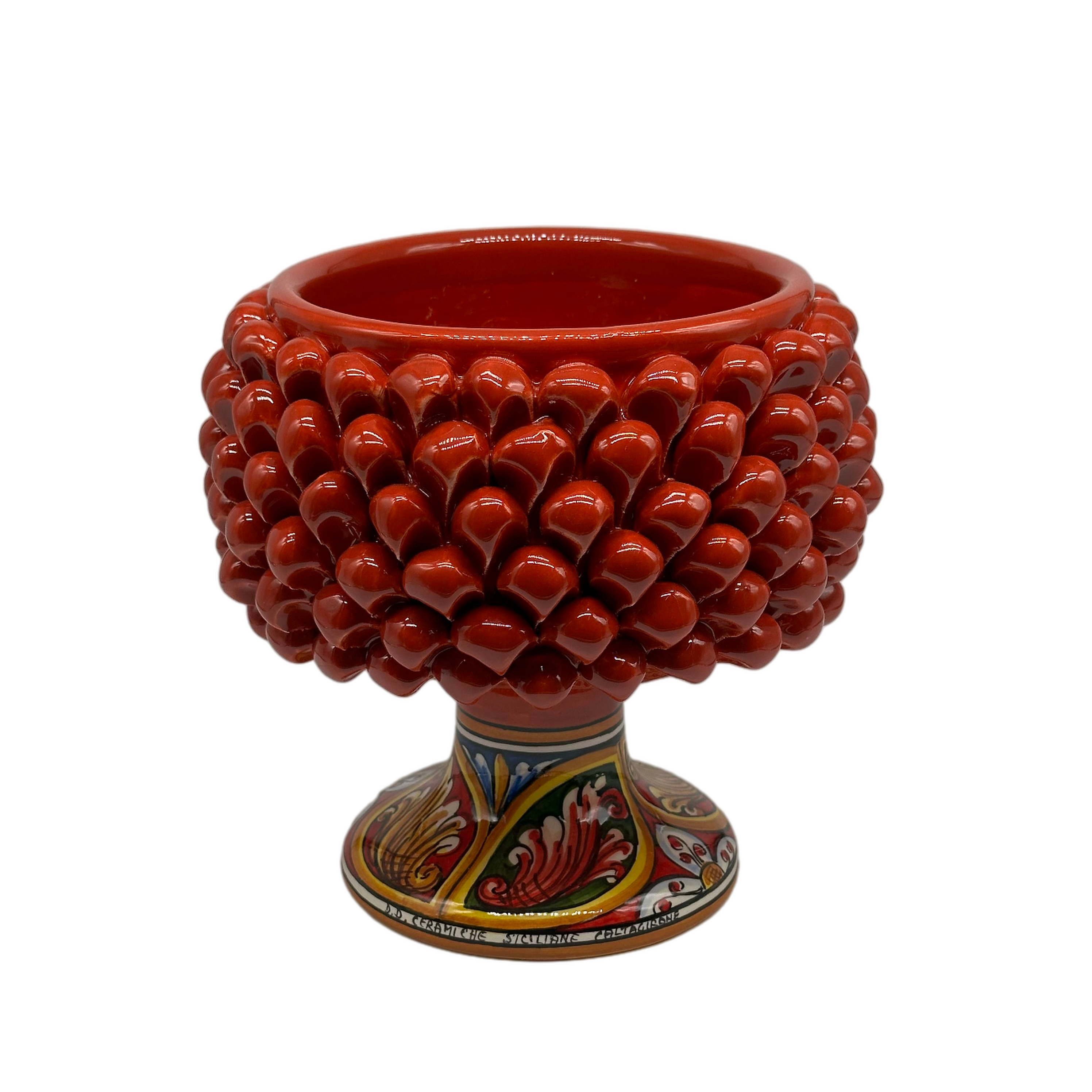 Portavaso Mezza Pigna Ceramica Caltagirone cm H.20 L.20 Artigianale Rosso Base Decorata - MEZZA PIGNA