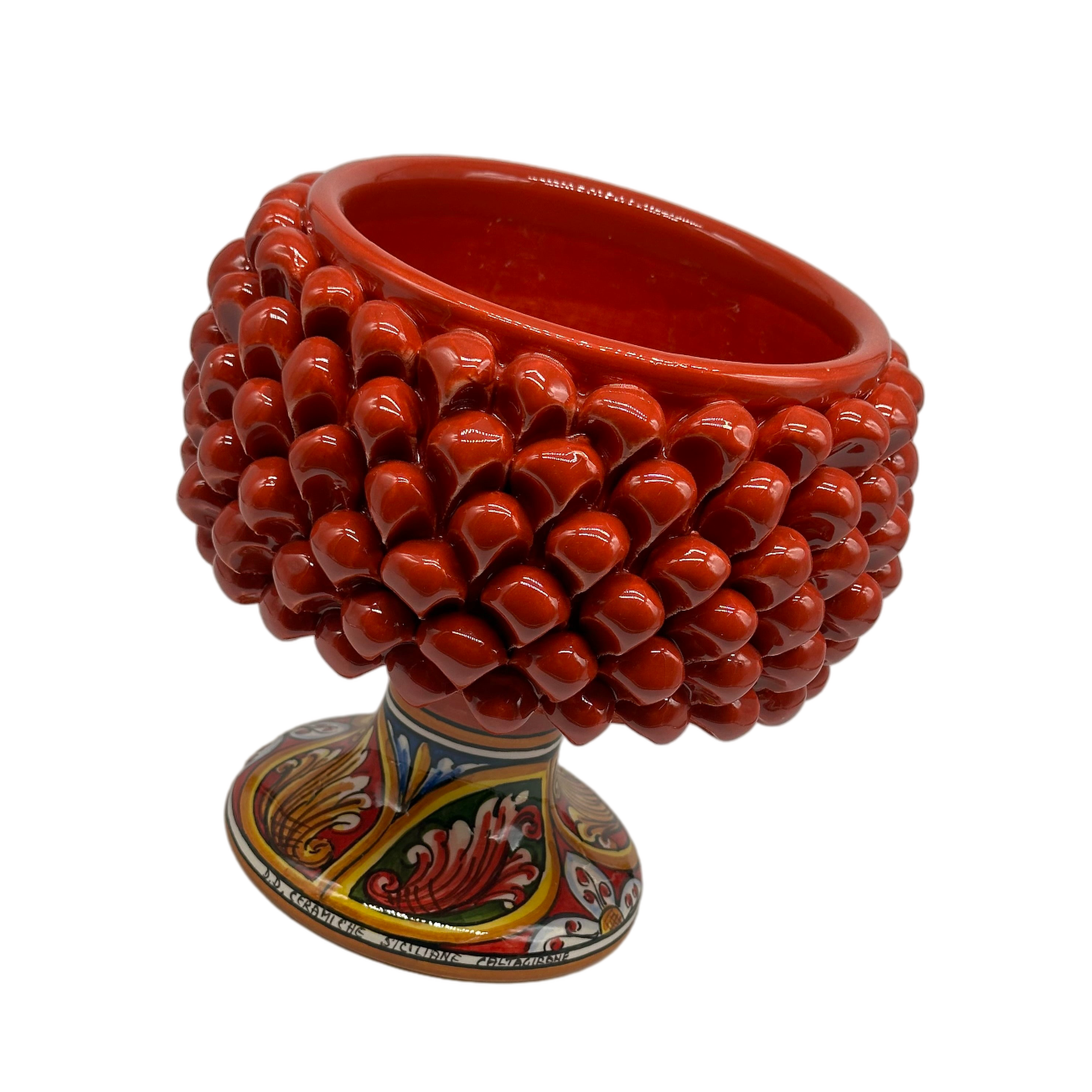 Portavaso Mezza Pigna Ceramica Caltagirone cm H.20 L.20 Artigianale Rosso Base Decorata - MEZZA PIGNA