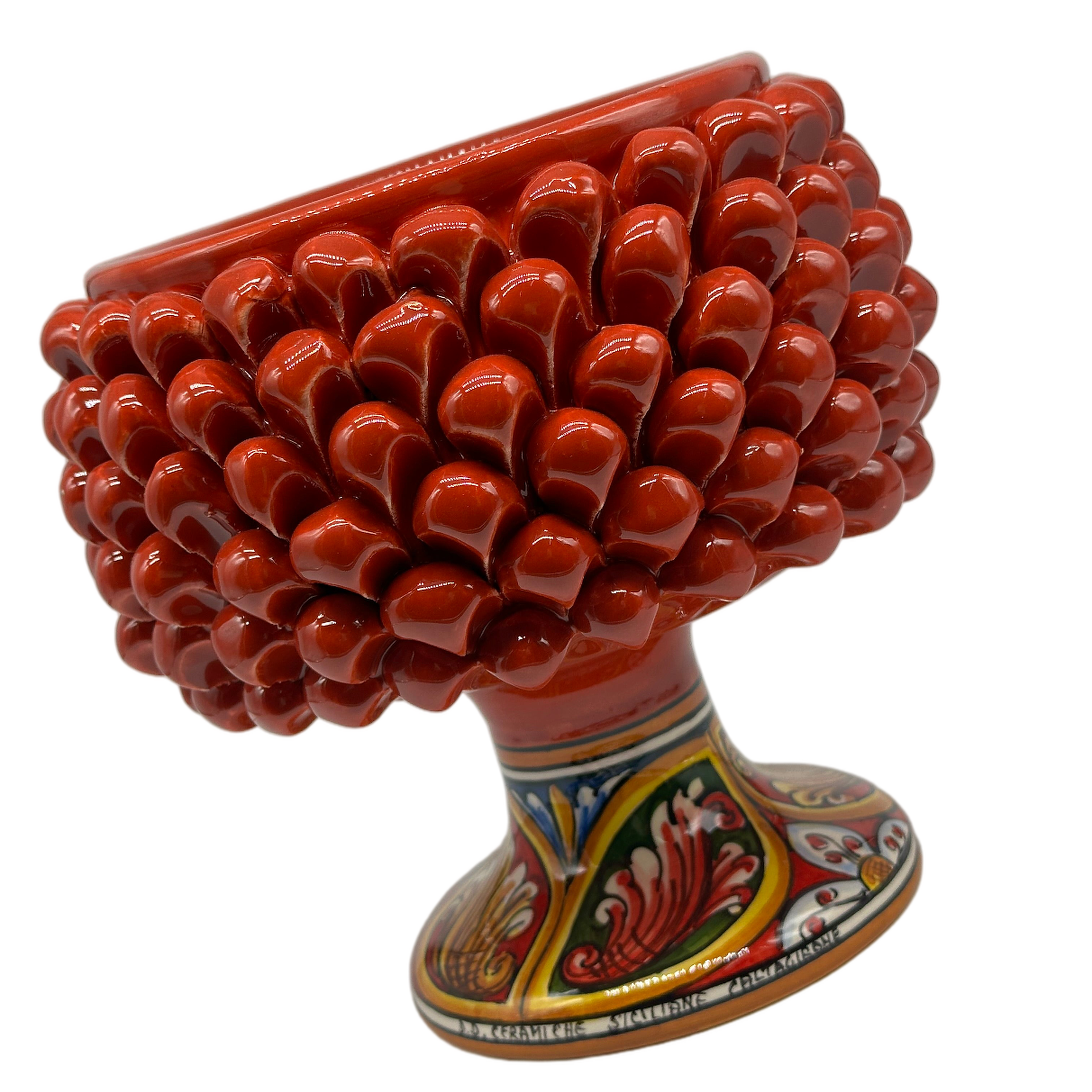 Portavaso Mezza Pigna Ceramica Caltagirone cm H.20 L.20 Artigianale Rosso Base Decorata - MEZZA PIGNA