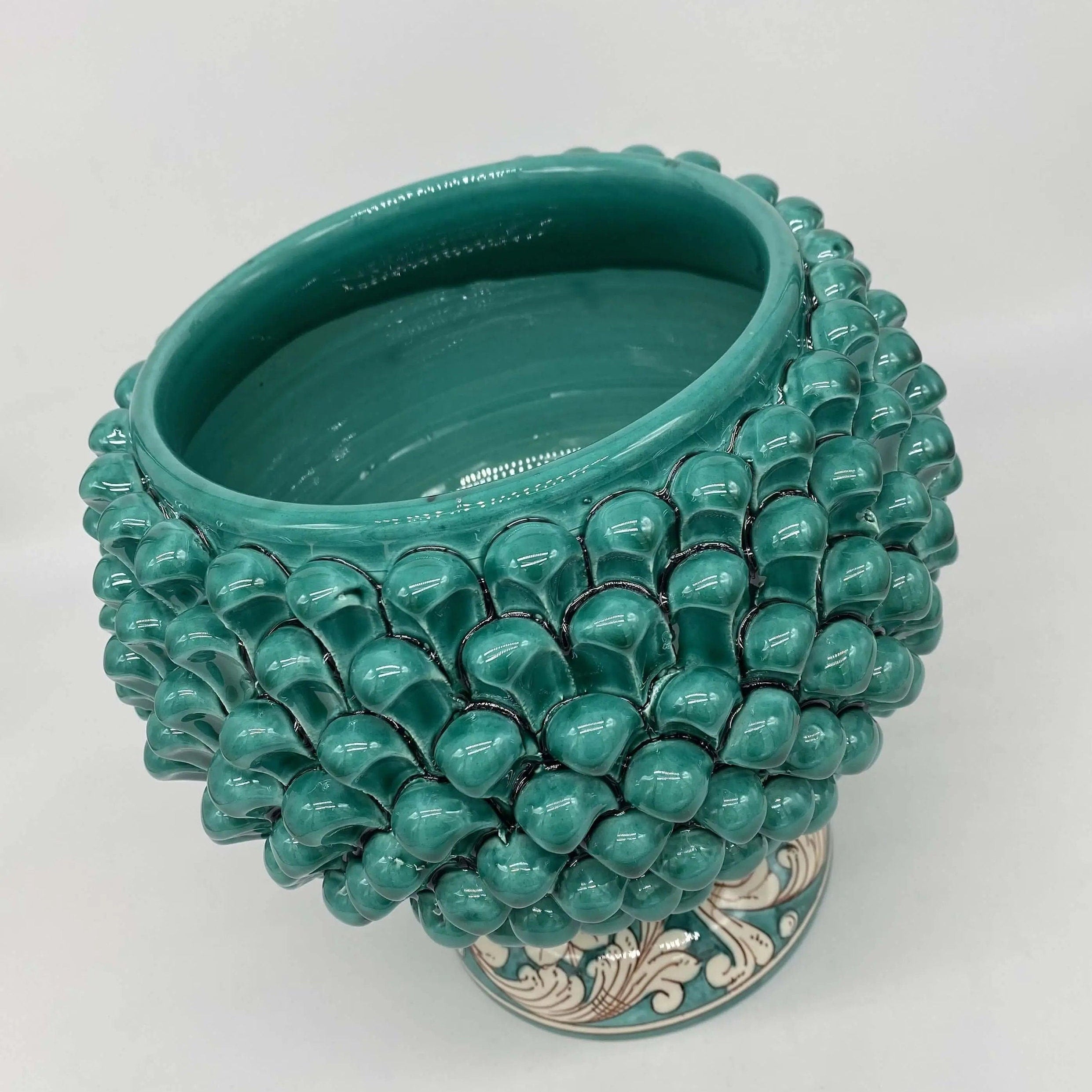 Portavaso Mezza Pigna Ceramica Caltagirone cm H.20 L.20 Artigianale Verde Cristallo Base Decorata DD CERAMICHE SICILIANE