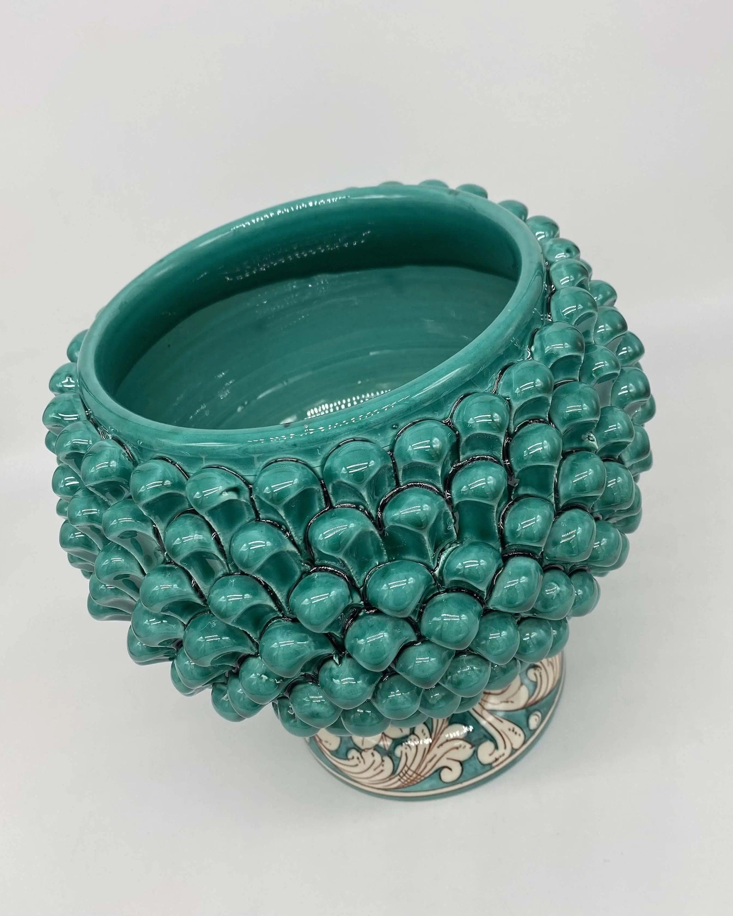 Portavaso Mezza Pigna Ceramica Caltagirone cm H.20 L.20 Artigianale Verde Cristallo Base Decorata DD CERAMICHE SICILIANE