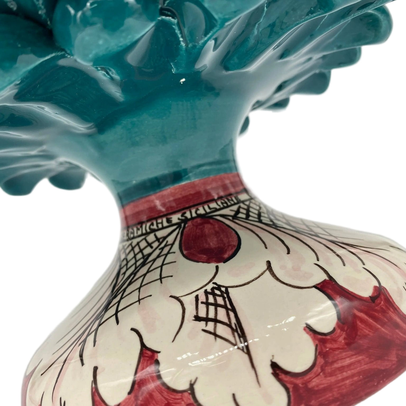 Portavaso Mezza Pigna Ceramica Caltagirone cm H.20 L.20 Artigianale Verde Ottanio Base Decorata - DD CERAMICHE SICILIANE