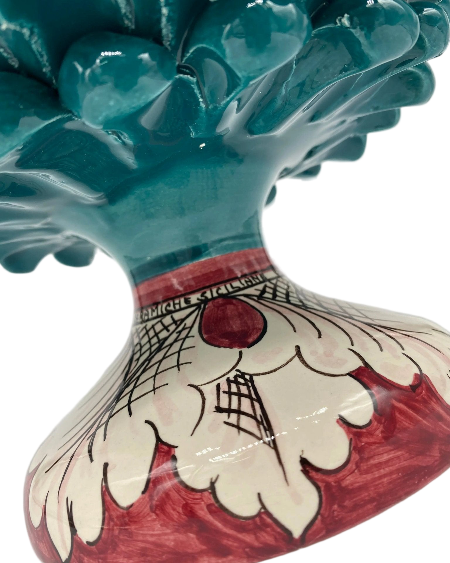 Portavaso Mezza Pigna Ceramica Caltagirone cm H.20 L.20 Artigianale Verde Ottanio Base Decorata - DD CERAMICHE SICILIANE