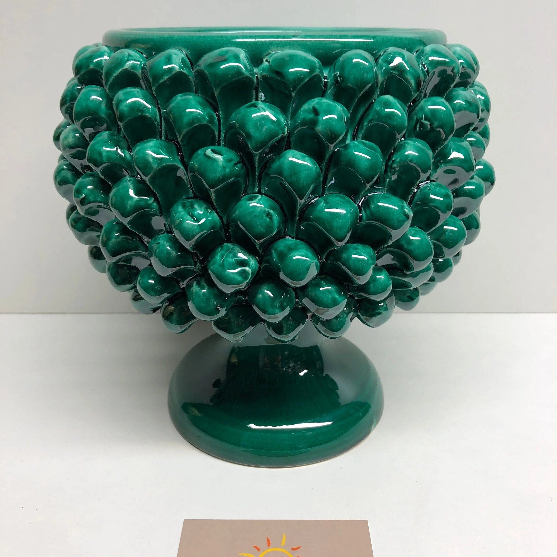 Portavaso Mezza Pigna Ceramica Caltagirone cm H.20 L.20 Artigianale Verde Cristallo DD CERAMICHE SICILIANE