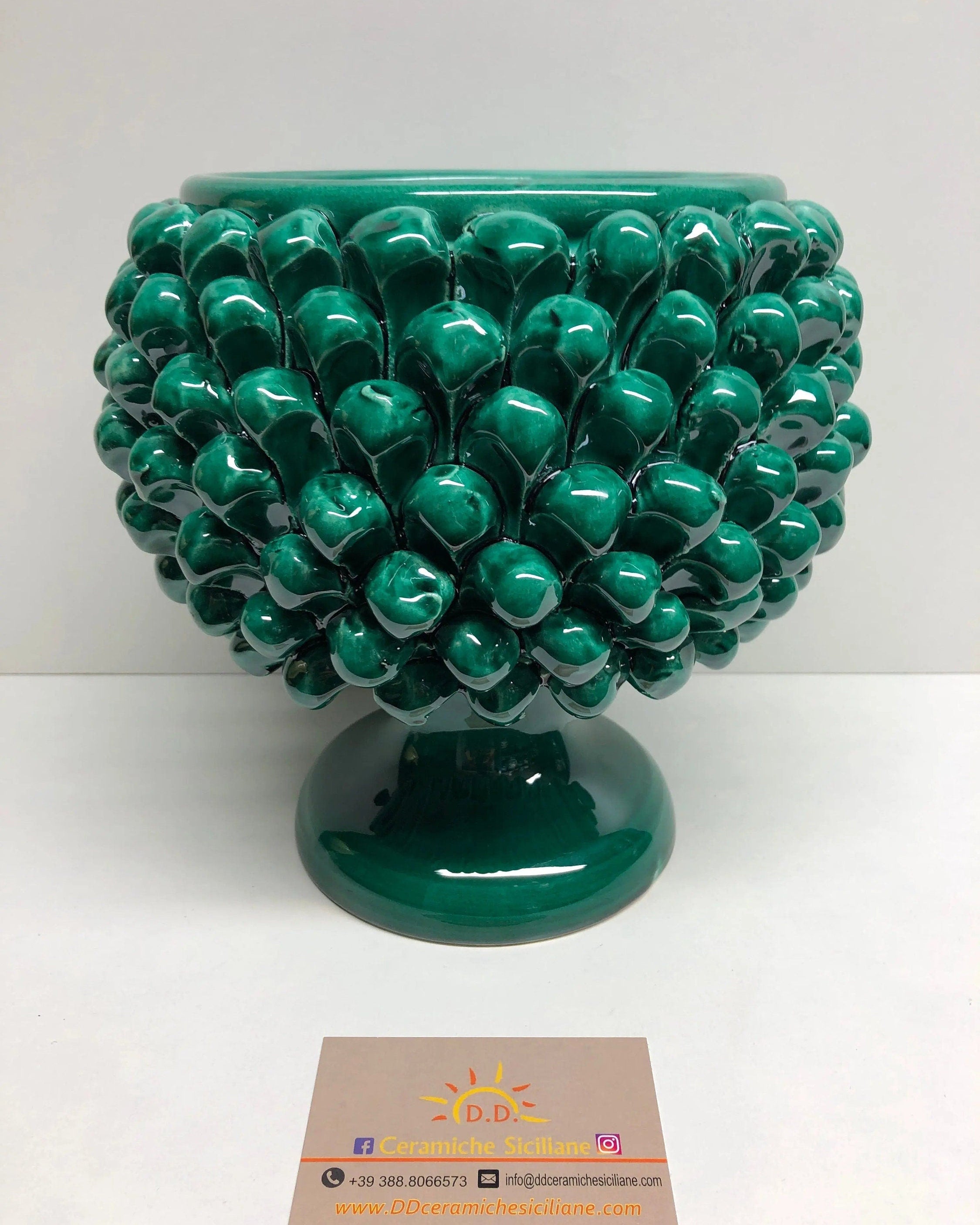 Portavaso Mezza Pigna Ceramica Caltagirone cm H.20 L.20 Artigianale Verde Cristallo DD CERAMICHE SICILIANE