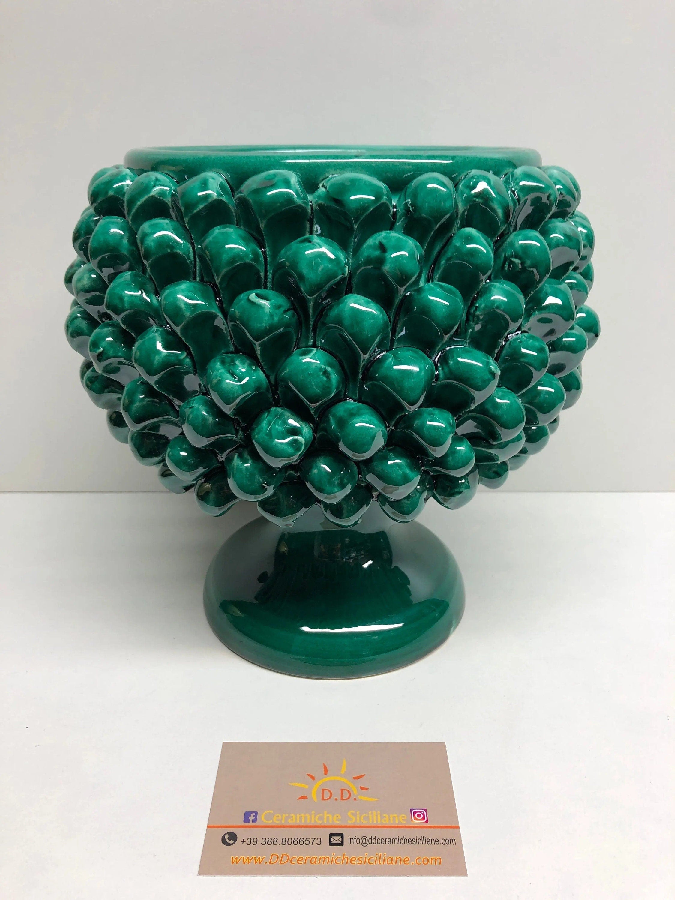 Portavaso Mezza Pigna Ceramica Caltagirone cm H.20 L.20 Artigianale Verde Cristallo DD CERAMICHE SICILIANE