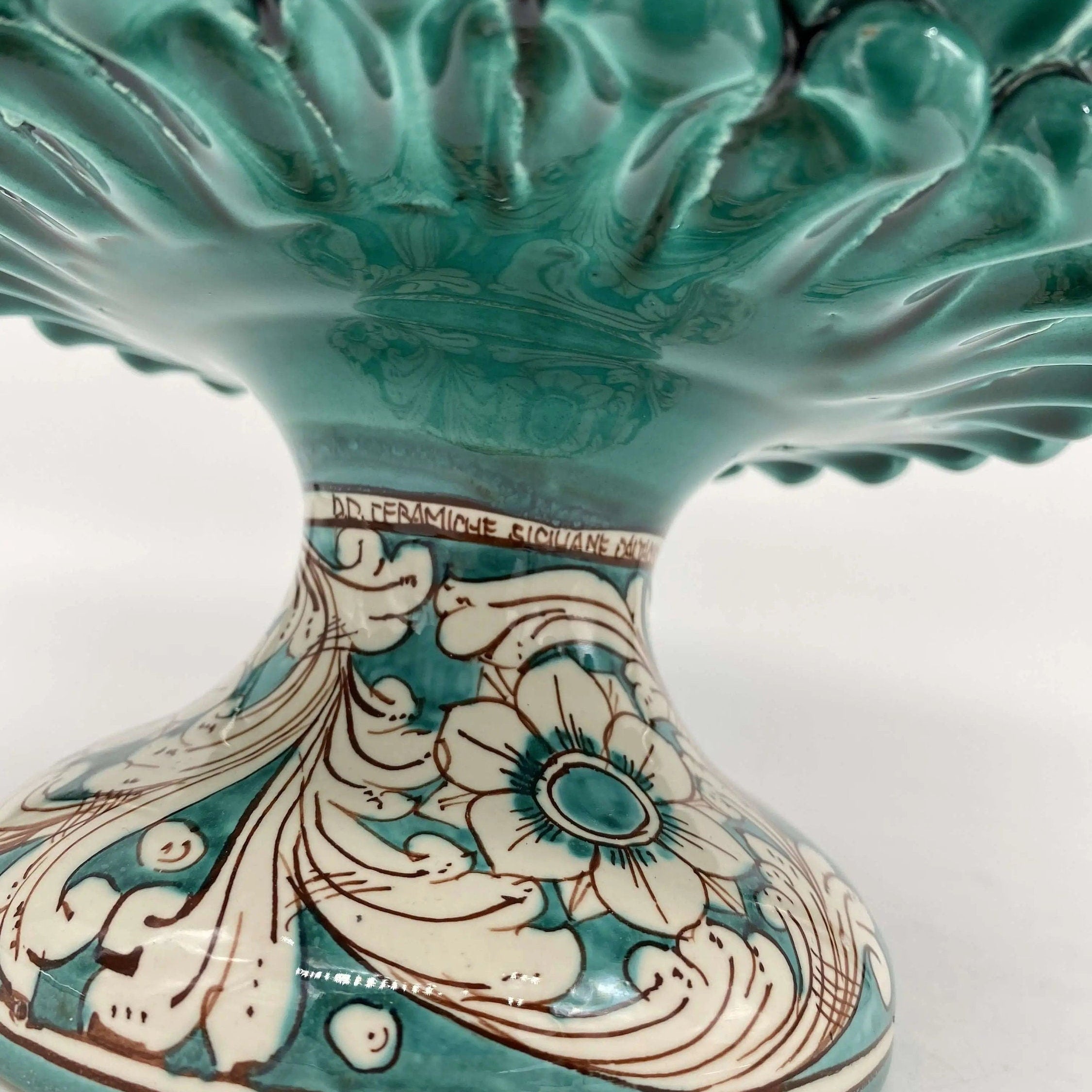 Portavaso Mezza Pigna Ceramica Caltagirone cm H.20 L.20 Artigianale Verde Cristallo Base Decorata DD CERAMICHE SICILIANE