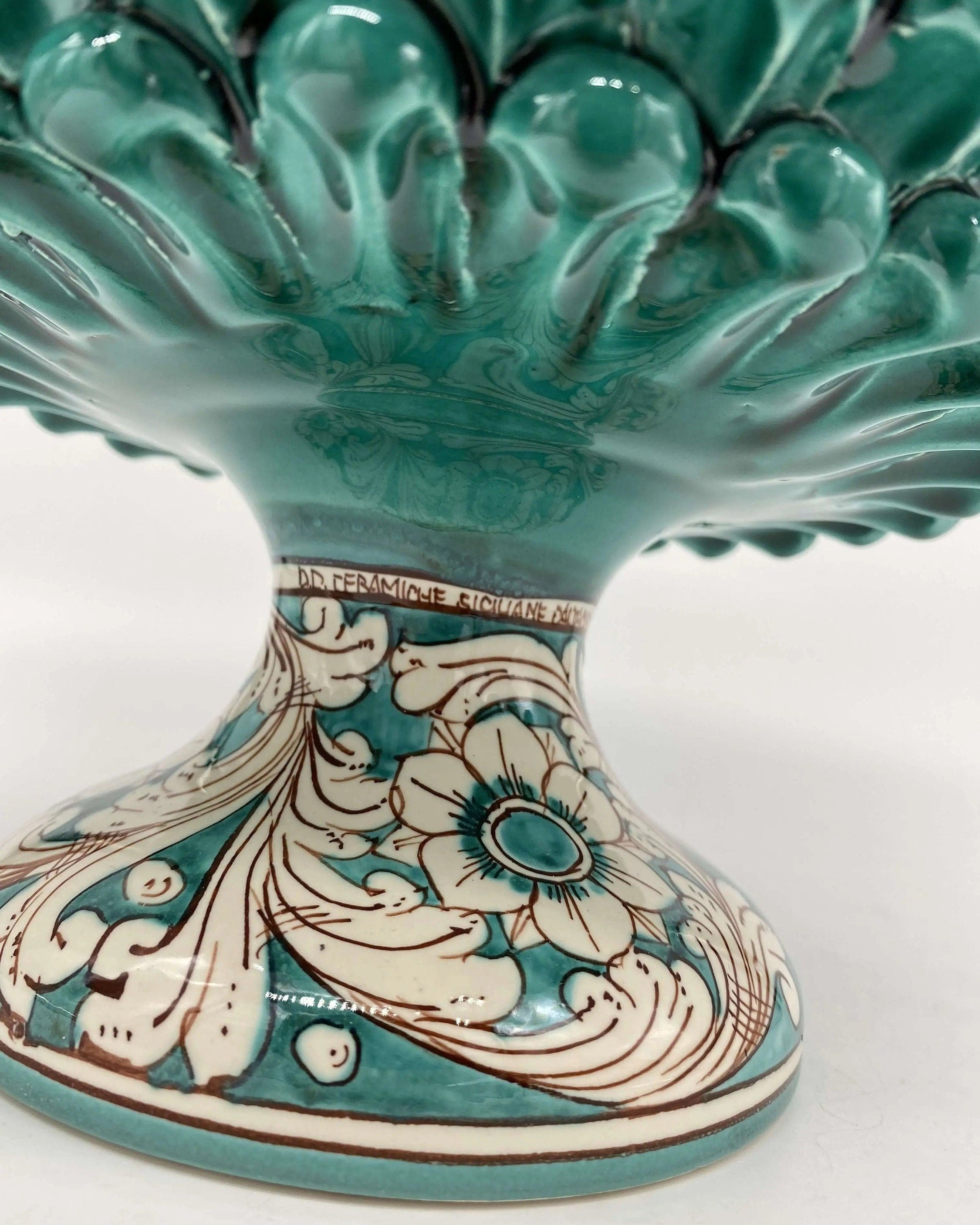 Portavaso Mezza Pigna Ceramica Caltagirone cm H.20 L.20 Artigianale Verde Cristallo Base Decorata DD CERAMICHE SICILIANE