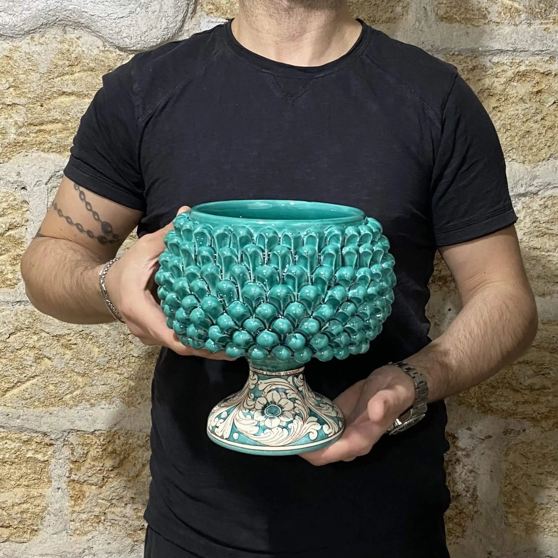 Portavaso Mezza Pigna Ceramica Caltagirone cm H.20 L.20 Artigianale Verde Cristallo Base Decorata DD CERAMICHE SICILIANE