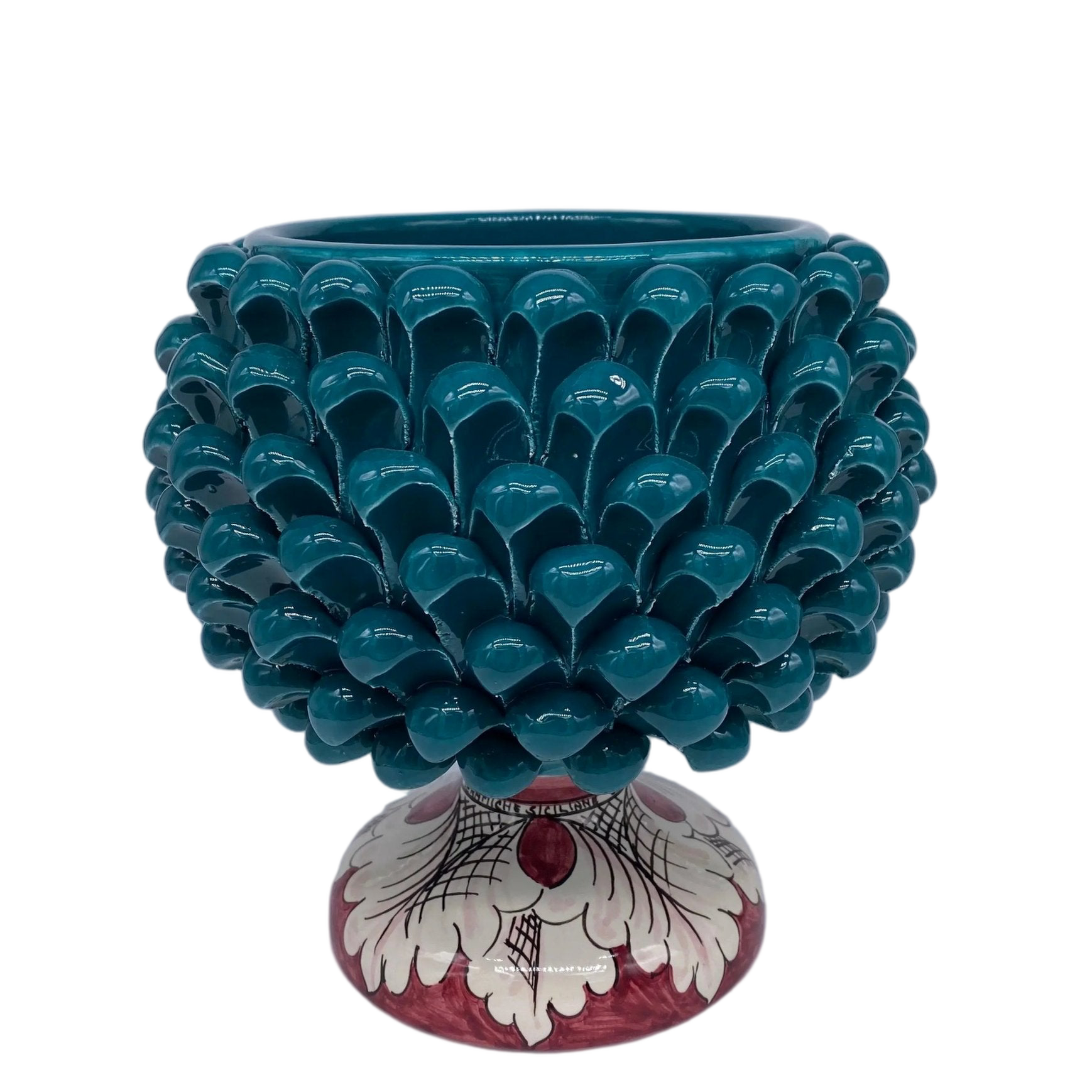 Portavaso Mezza Pigna Ceramica Caltagirone cm H.20 L.20 Artigianale Verde Ottanio Base Decorata - DD CERAMICHE SICILIANE