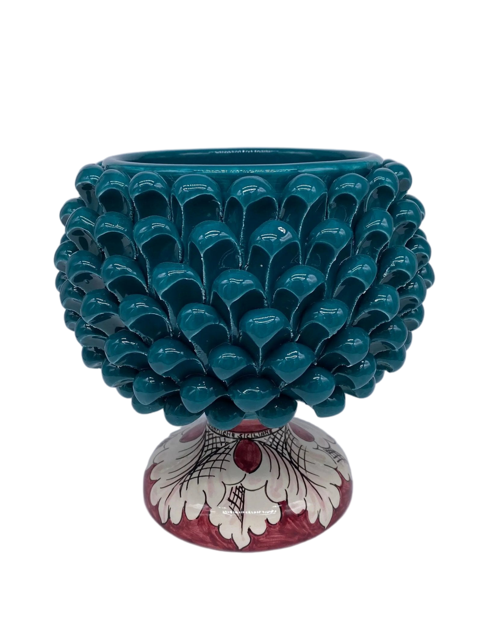 Portavaso Mezza Pigna Ceramica Caltagirone cm H.20 L.20 Artigianale Verde Ottanio Base Decorata - DD CERAMICHE SICILIANE