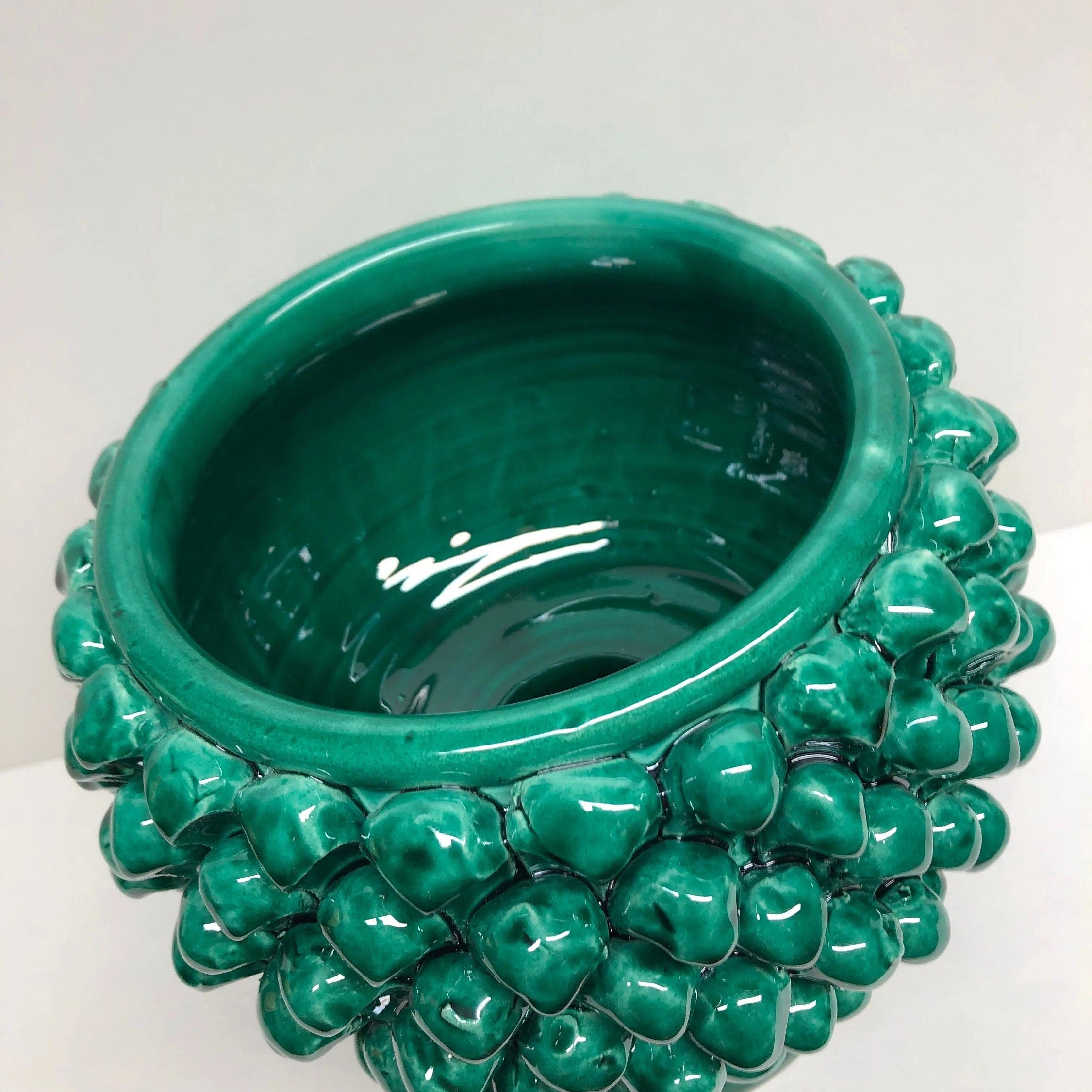 Portavaso Mezza Pigna Ceramica Caltagirone cm H.20 L.20 Artigianale Verde Cristallo DD CERAMICHE SICILIANE