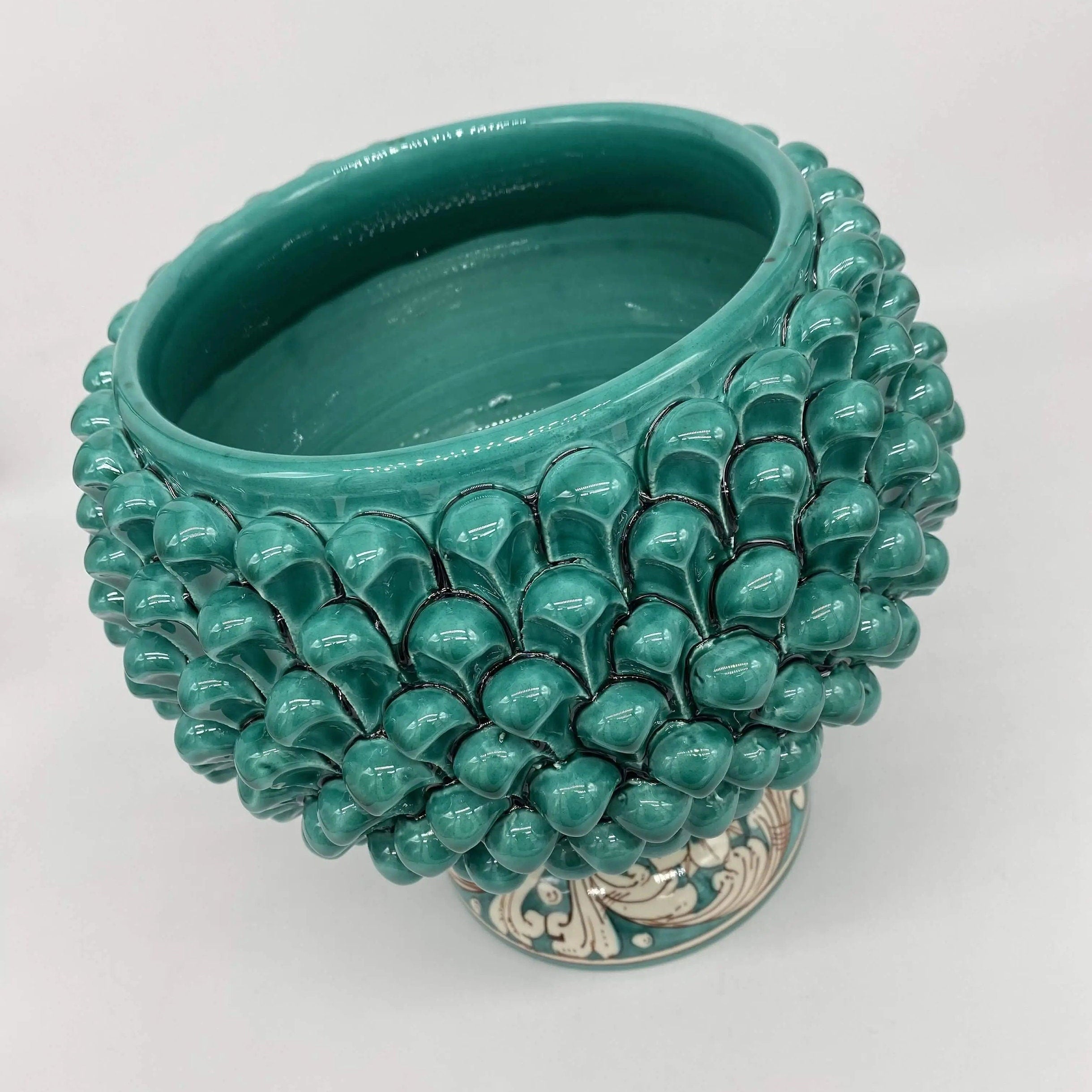 Portavaso Mezza Pigna Ceramica Caltagirone cm H.20 L.20 Artigianale Verde Cristallo Base Decorata DD CERAMICHE SICILIANE