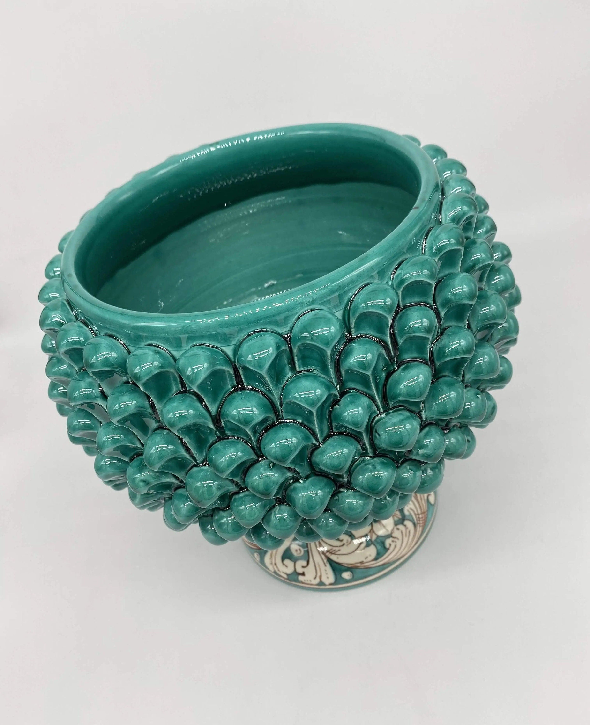 Portavaso Mezza Pigna Ceramica Caltagirone cm H.20 L.20 Artigianale Verde Cristallo Base Decorata DD CERAMICHE SICILIANE