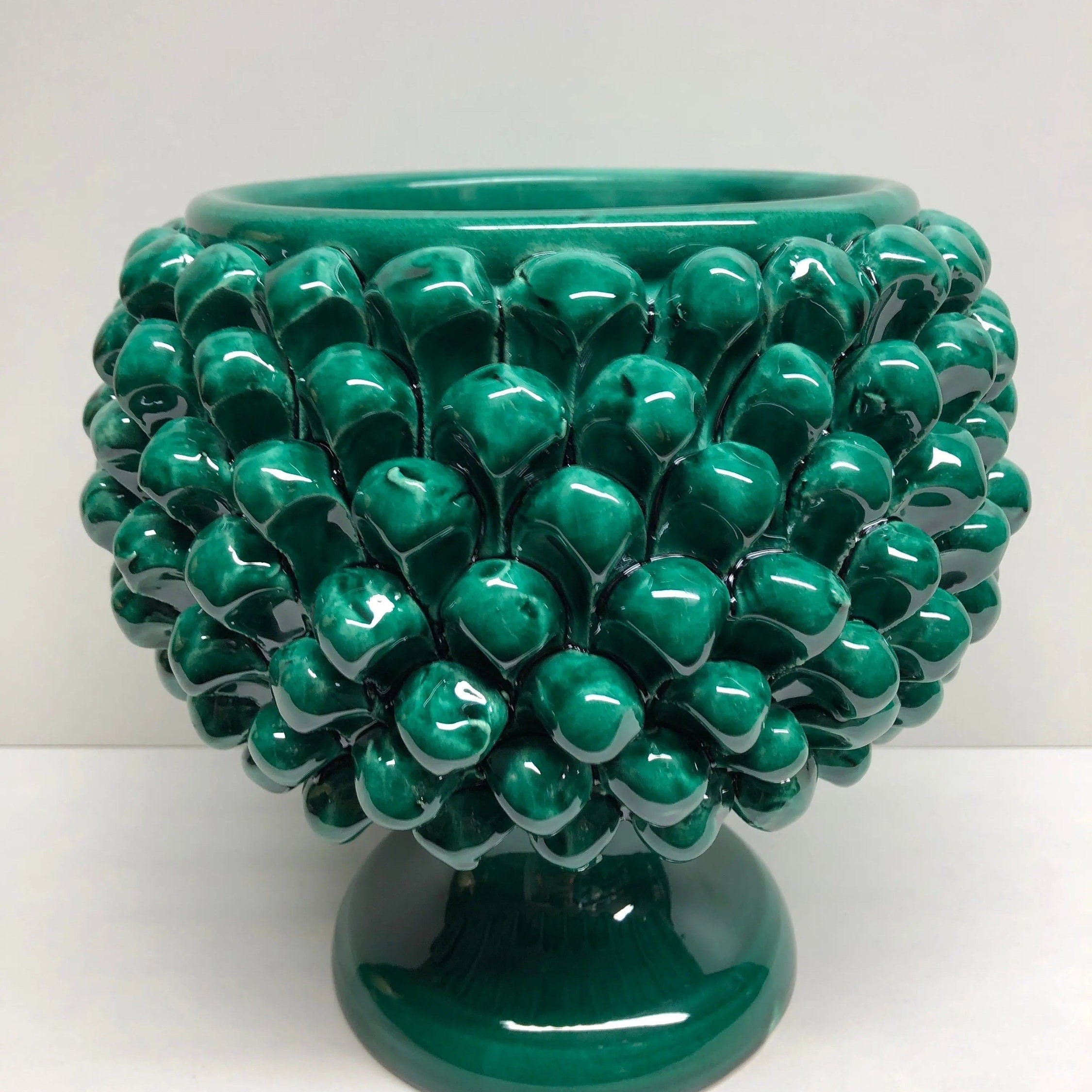 Portavaso Mezza Pigna Ceramica Caltagirone cm H.20 L.20 Artigianale Verde Cristallo DD CERAMICHE SICILIANE