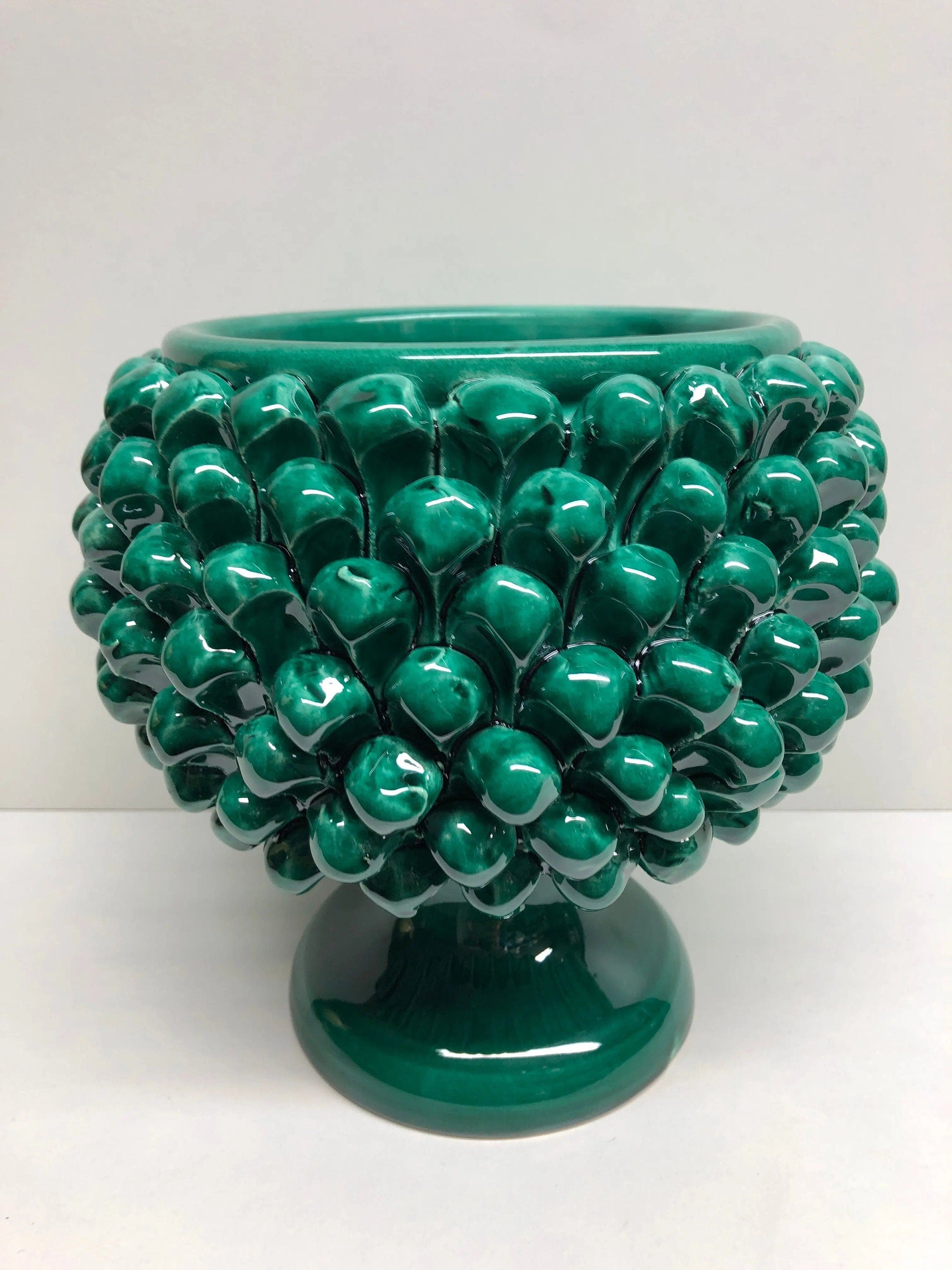 Portavaso Mezza Pigna Ceramica Caltagirone cm H.20 L.20 Artigianale Verde Cristallo DD CERAMICHE SICILIANE