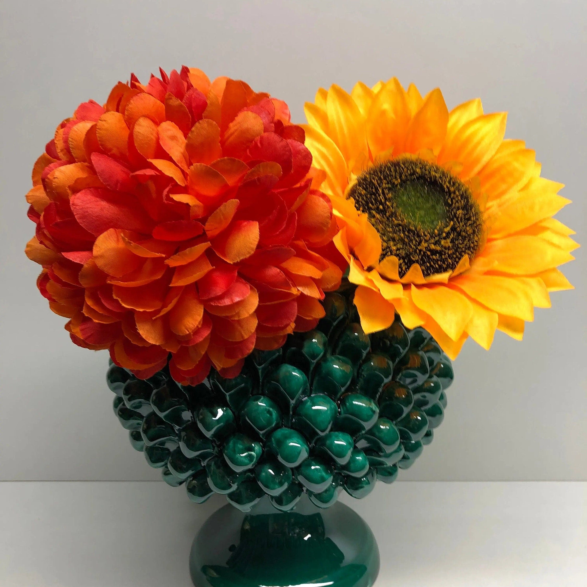 Portavaso Mezza Pigna Ceramica Caltagirone cm H.20 L.20 Artigianale Verde Cristallo DD CERAMICHE SICILIANE