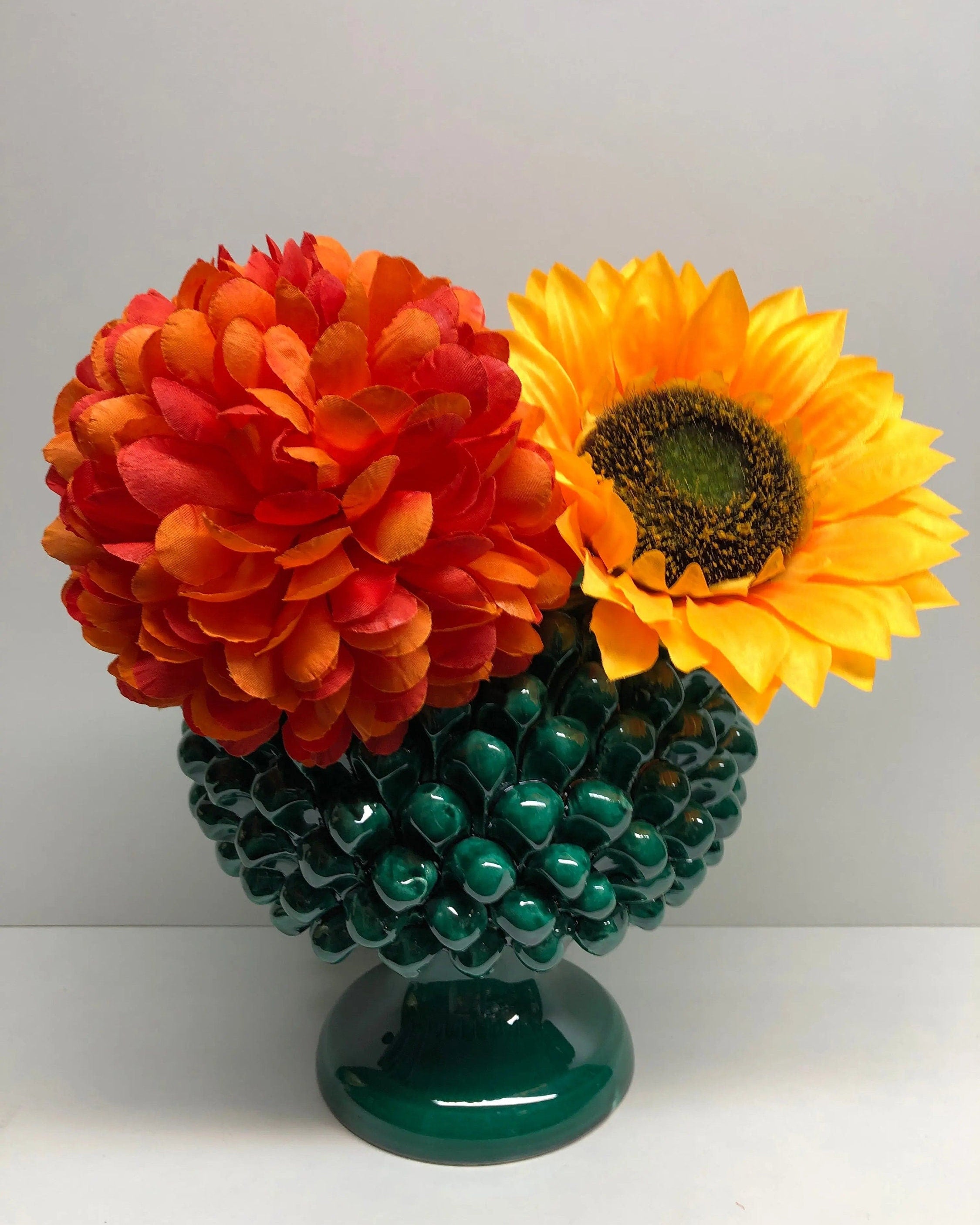 Portavaso Mezza Pigna Ceramica Caltagirone cm H.20 L.20 Artigianale Verde Cristallo DD CERAMICHE SICILIANE