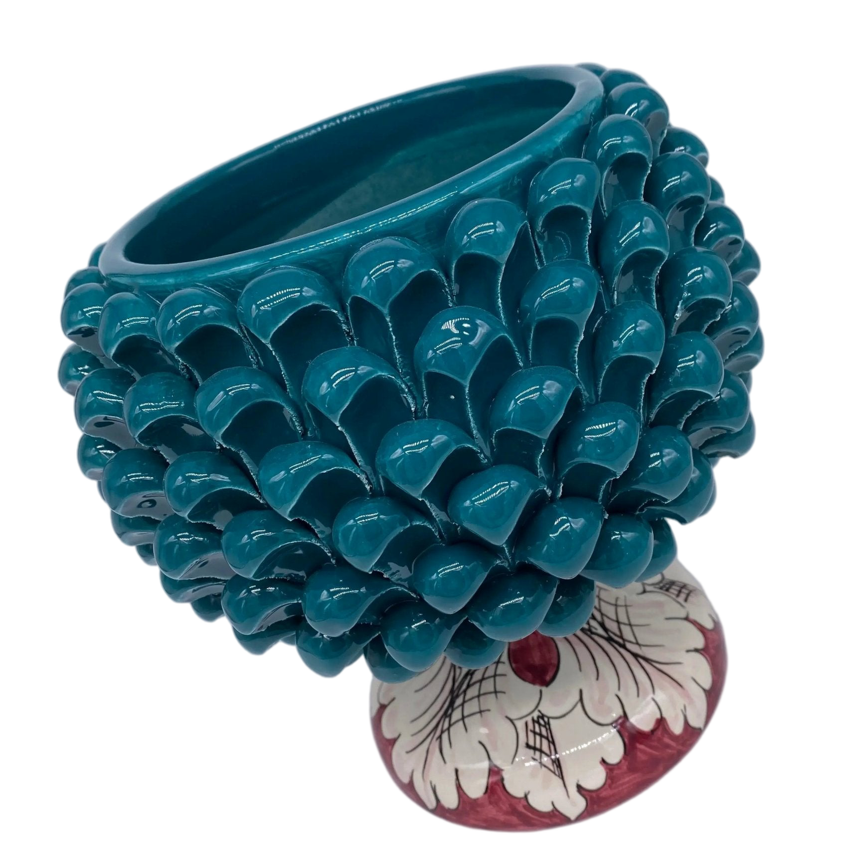 Portavaso Mezza Pigna Ceramica Caltagirone cm H.20 L.20 Artigianale Verde Ottanio Base Decorata - DD CERAMICHE SICILIANE