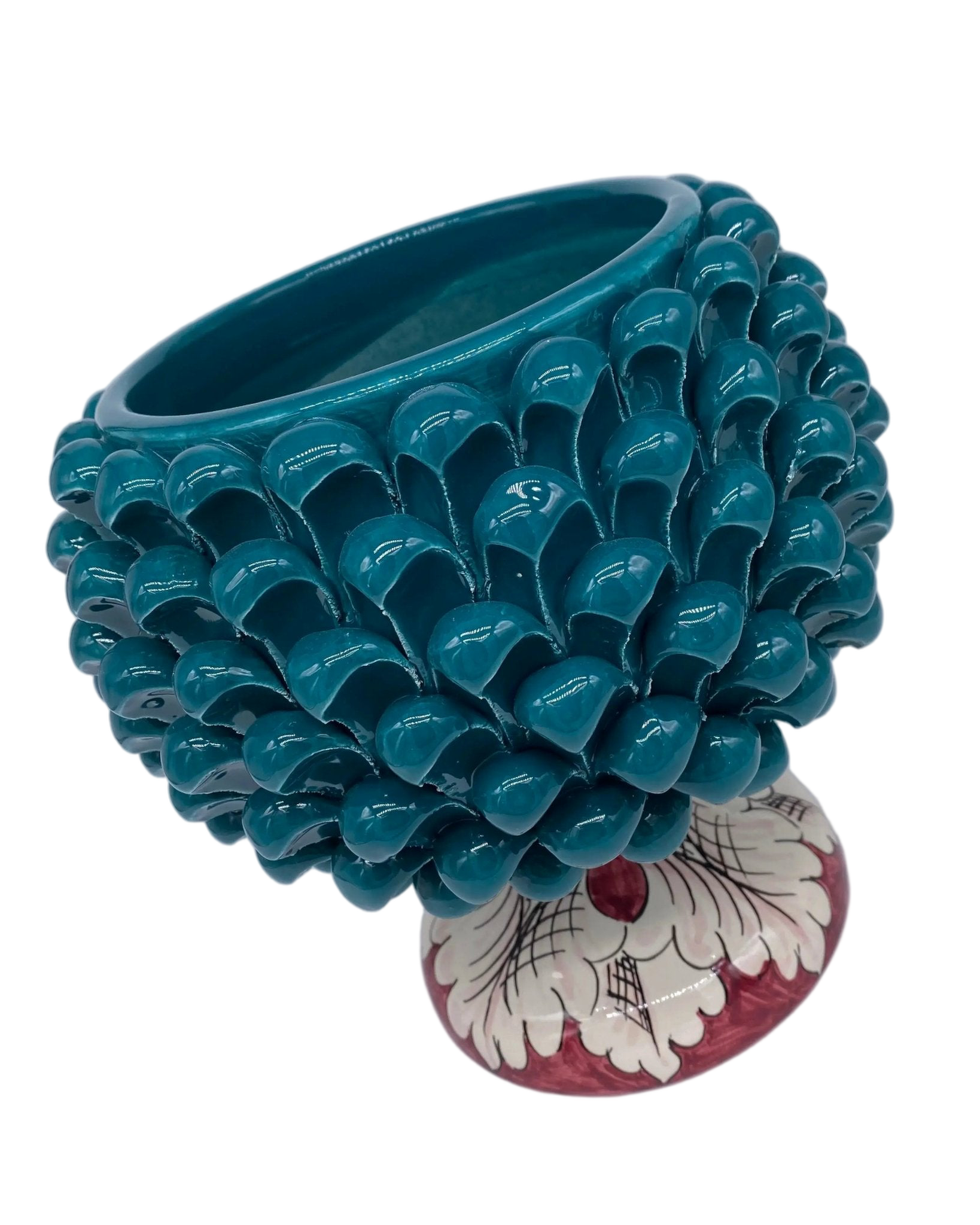 Portavaso Mezza Pigna Ceramica Caltagirone cm H.20 L.20 Artigianale Verde Ottanio Base Decorata - DD CERAMICHE SICILIANE