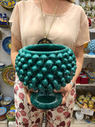 Portavaso Mezza Pigna Ceramica Caltagirone cm H.20 L.20 Artigianale Verde Cristallo DD CERAMICHE SICILIANE