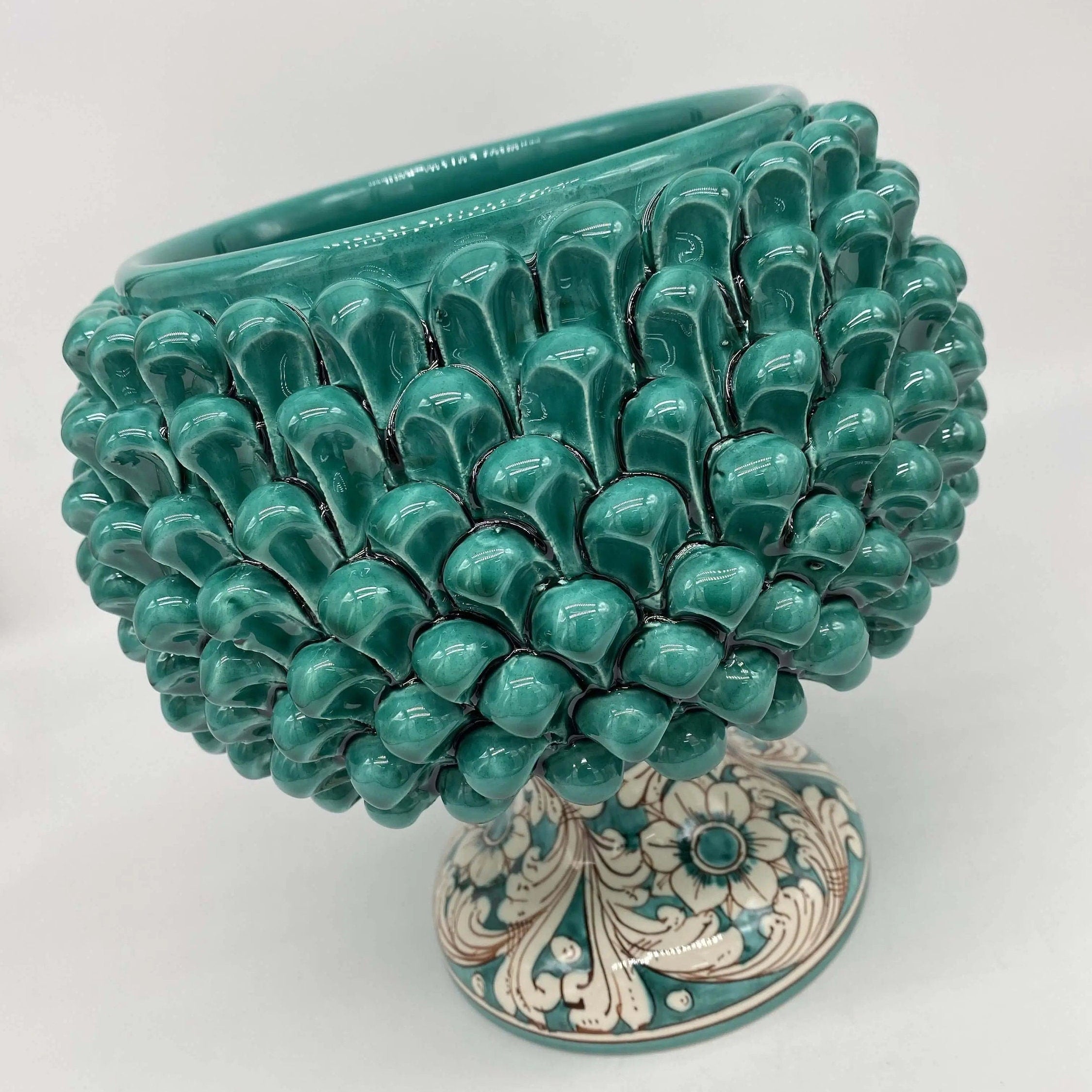 Portavaso Mezza Pigna Ceramica Caltagirone cm H.20 L.20 Artigianale Verde Cristallo Base Decorata DD CERAMICHE SICILIANE