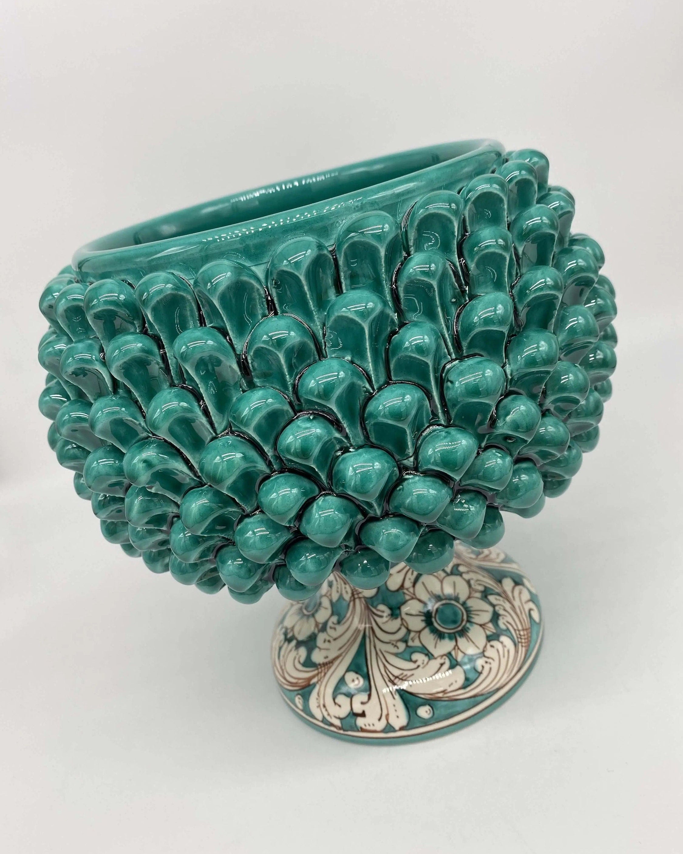 Portavaso Mezza Pigna Ceramica Caltagirone cm H.20 L.20 Artigianale Verde Cristallo Base Decorata DD CERAMICHE SICILIANE