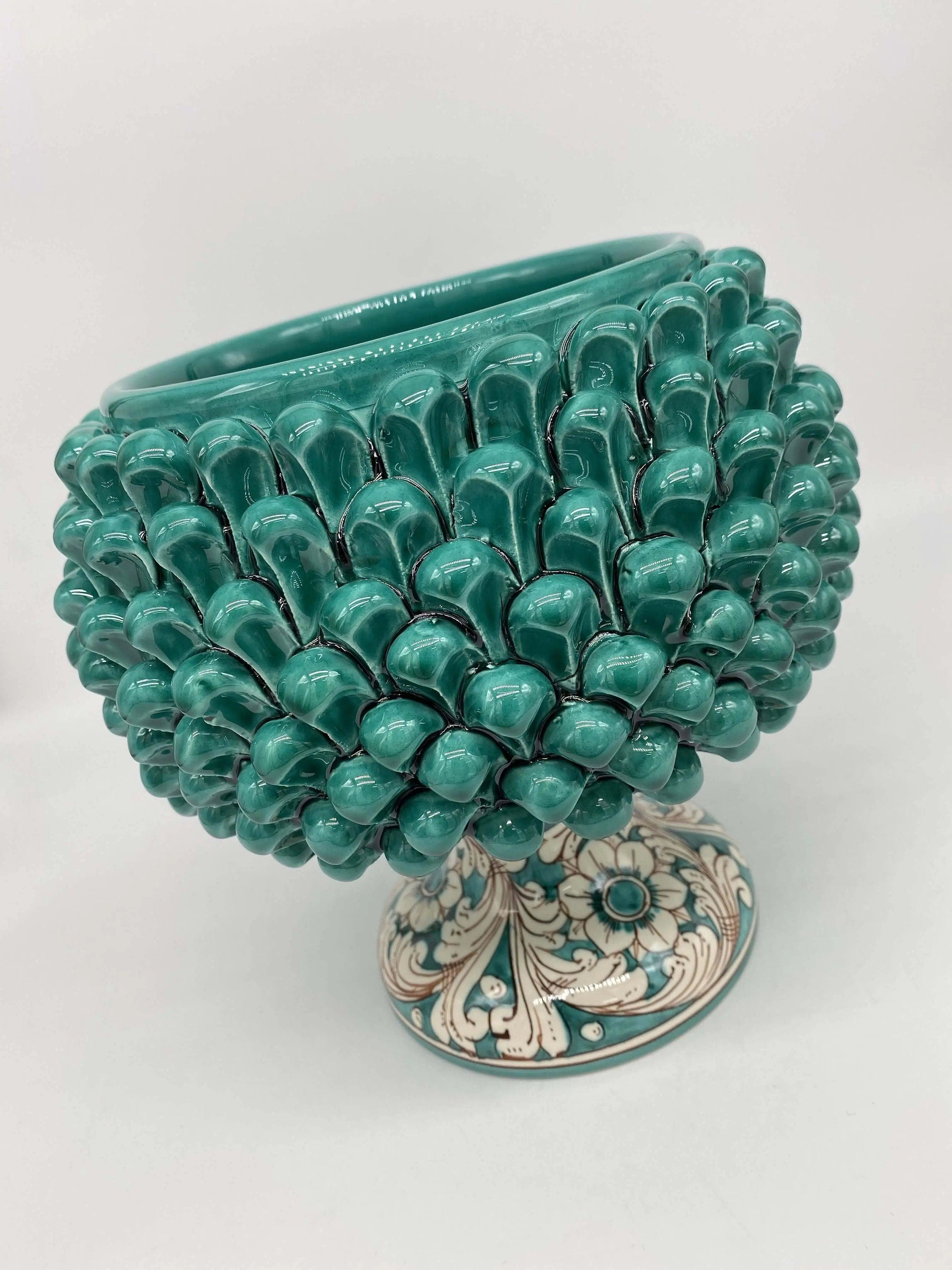 Portavaso Mezza Pigna Ceramica Caltagirone cm H.20 L.20 Artigianale Verde Cristallo Base Decorata DD CERAMICHE SICILIANE