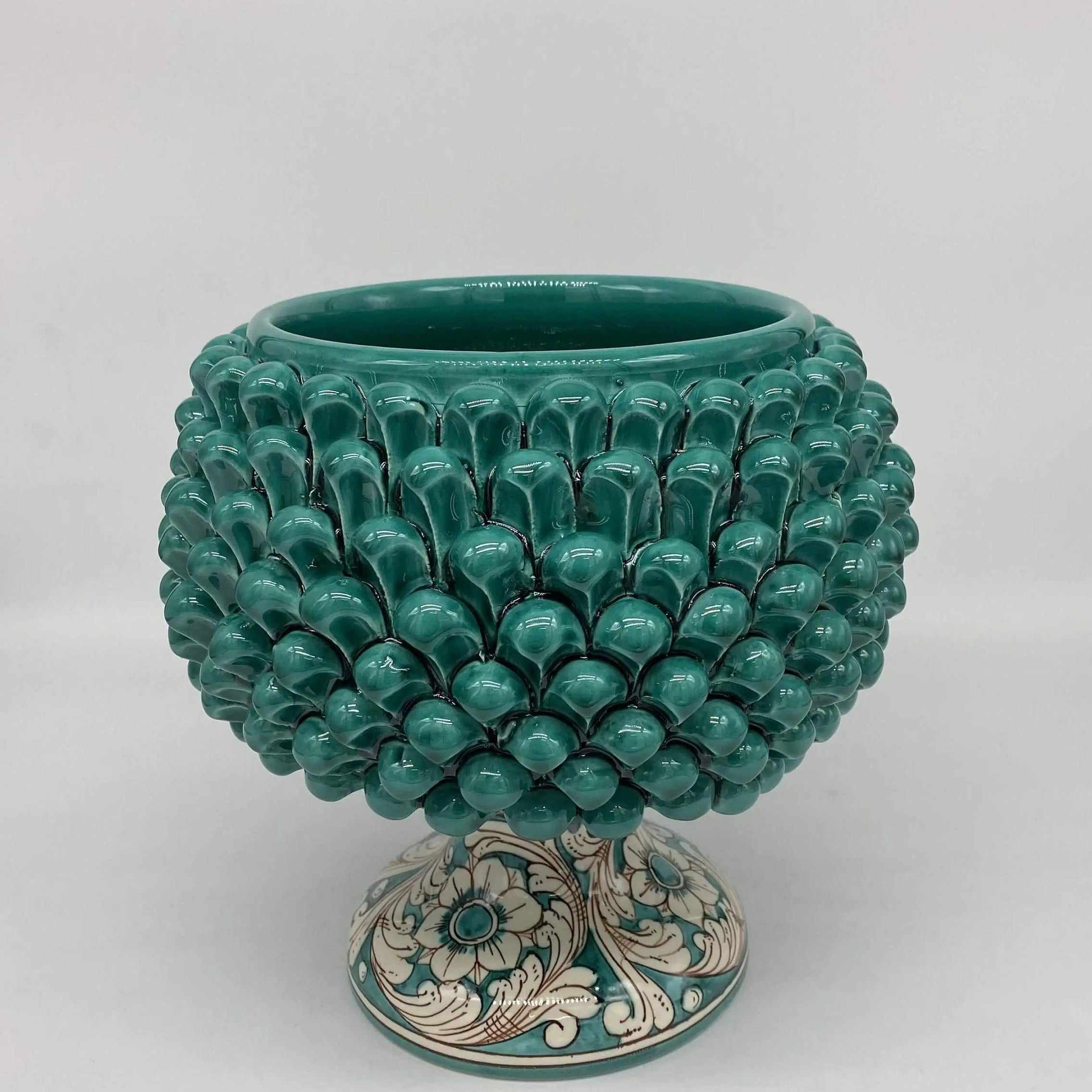 Portavaso Mezza Pigna Ceramica Caltagirone cm H.20 L.20 Artigianale Verde Cristallo Base Decorata DD CERAMICHE SICILIANE