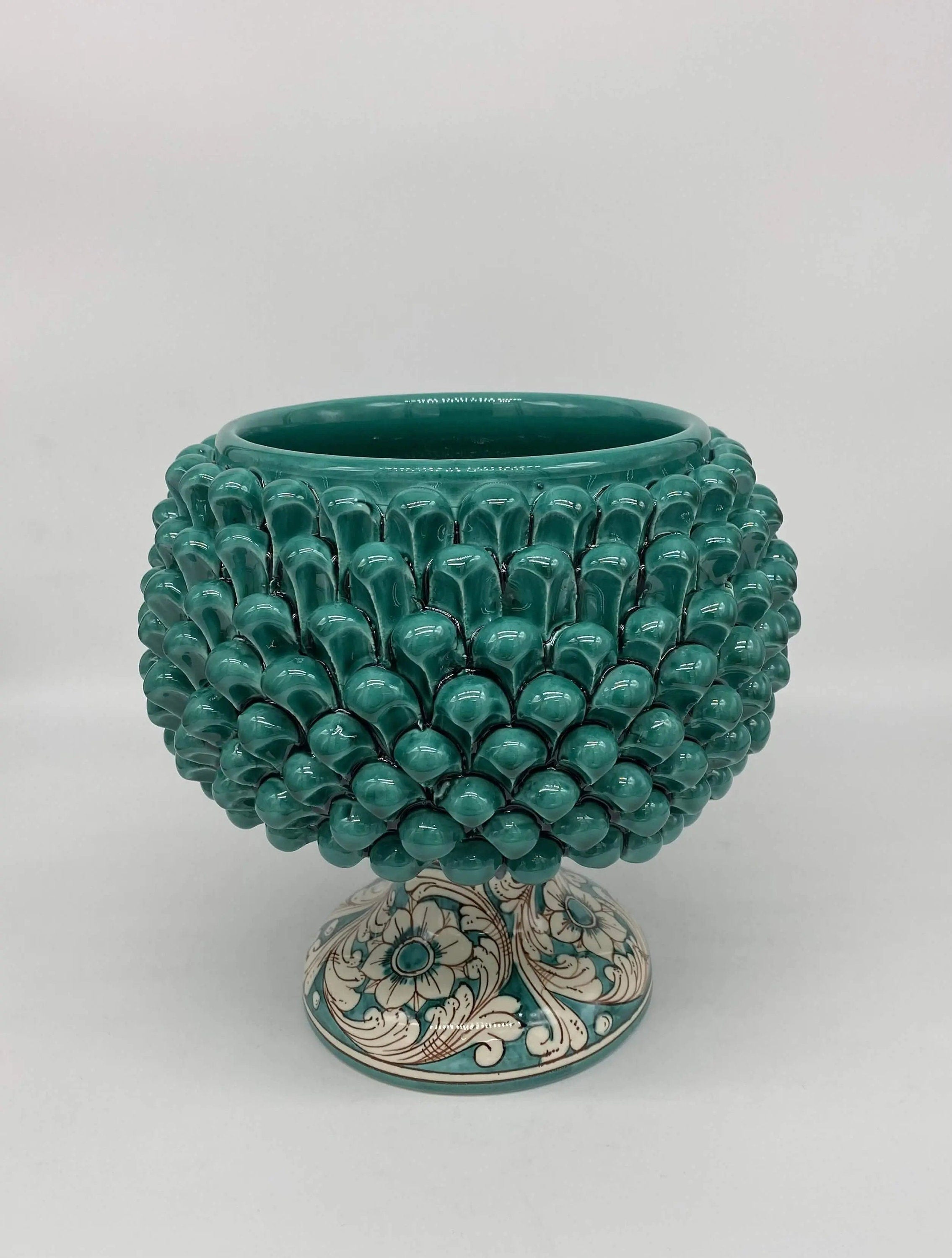 Portavaso Mezza Pigna Ceramica Caltagirone cm H.20 L.20 Artigianale Verde Cristallo Base Decorata DD CERAMICHE SICILIANE