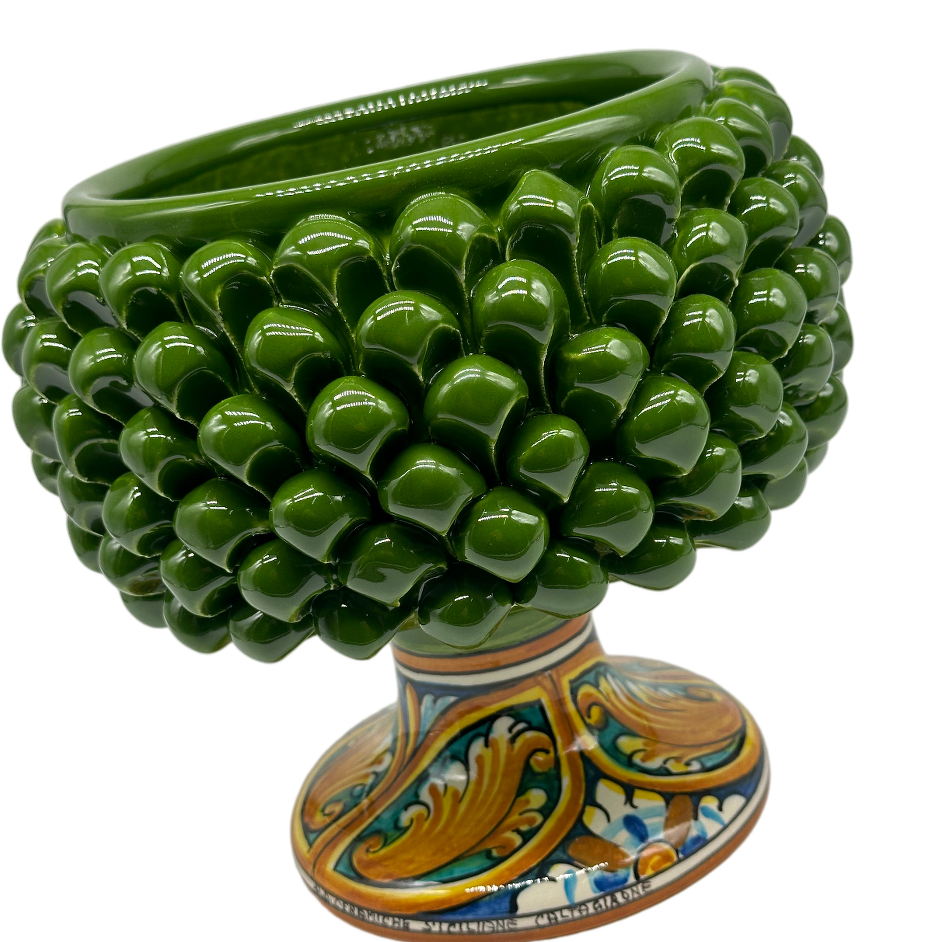 Portavaso Mezza Pigna Ceramica Caltagirone cm H.20 L.20 Artigianale Verde Base Decorata - MEZZA PIGNA
