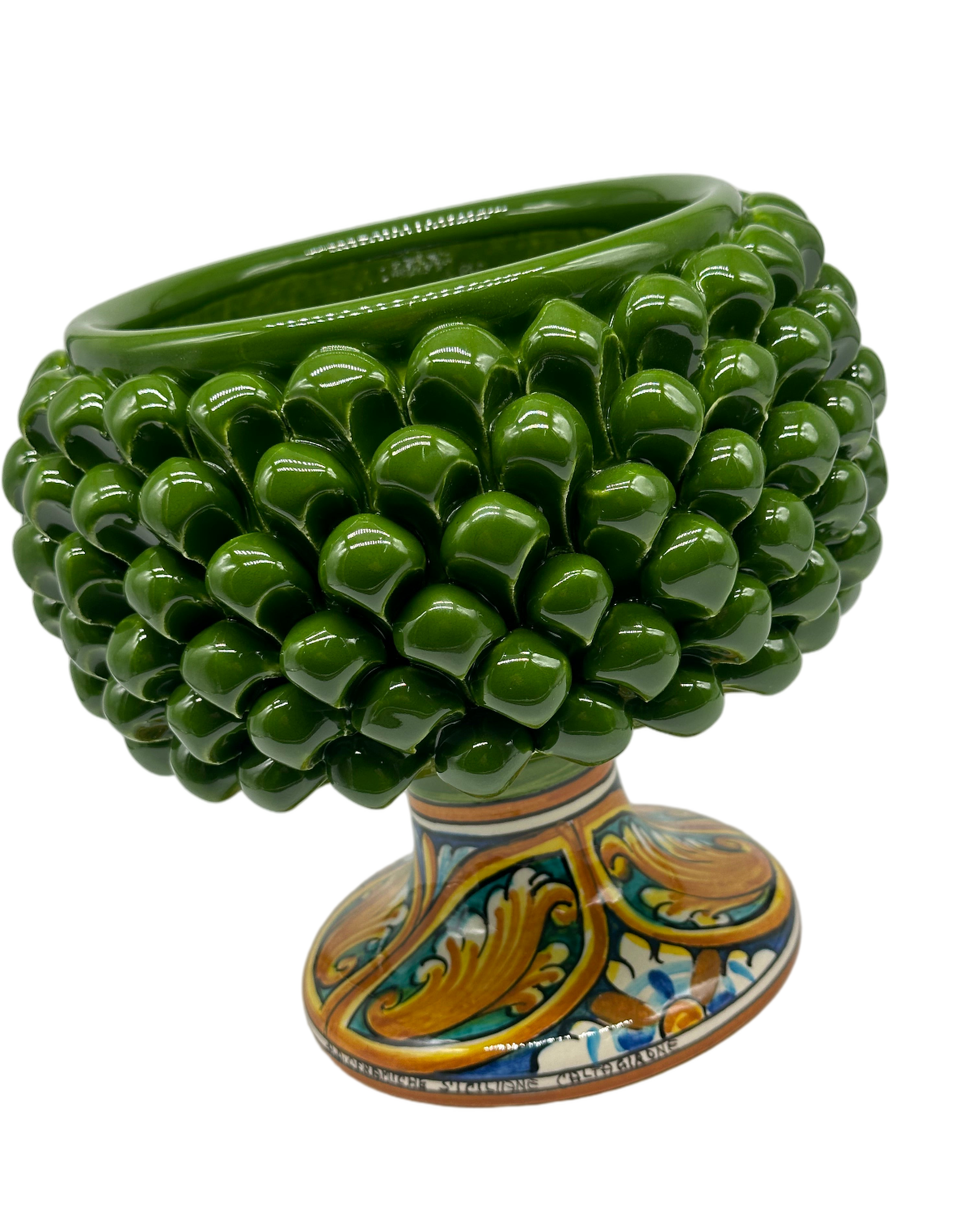 Portavaso Mezza Pigna Ceramica Caltagirone cm H.20 L.20 Artigianale Verde Base Decorata - MEZZA PIGNA