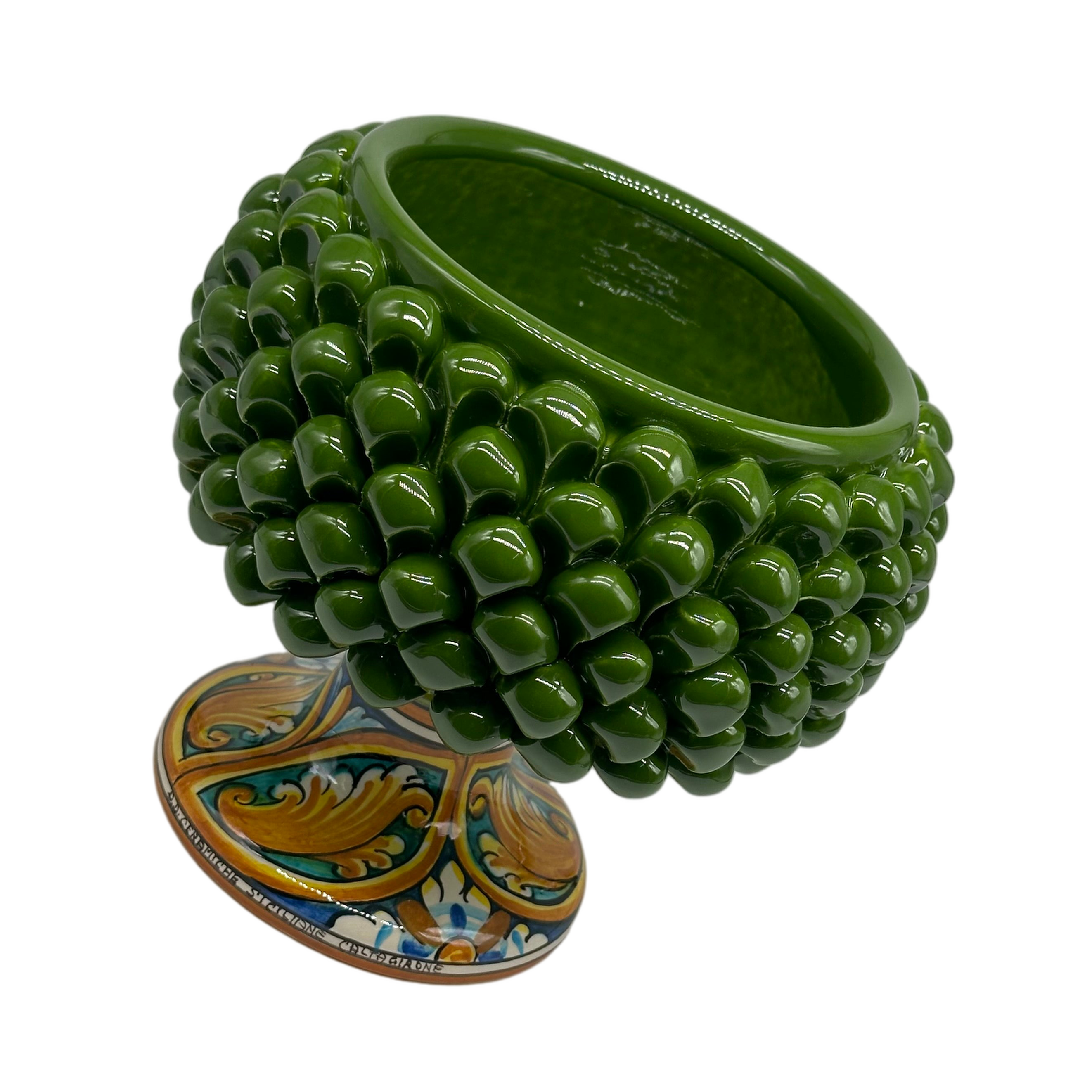 Portavaso Mezza Pigna Ceramica Caltagirone cm H.20 L.20 Artigianale Verde Base Decorata - MEZZA PIGNA