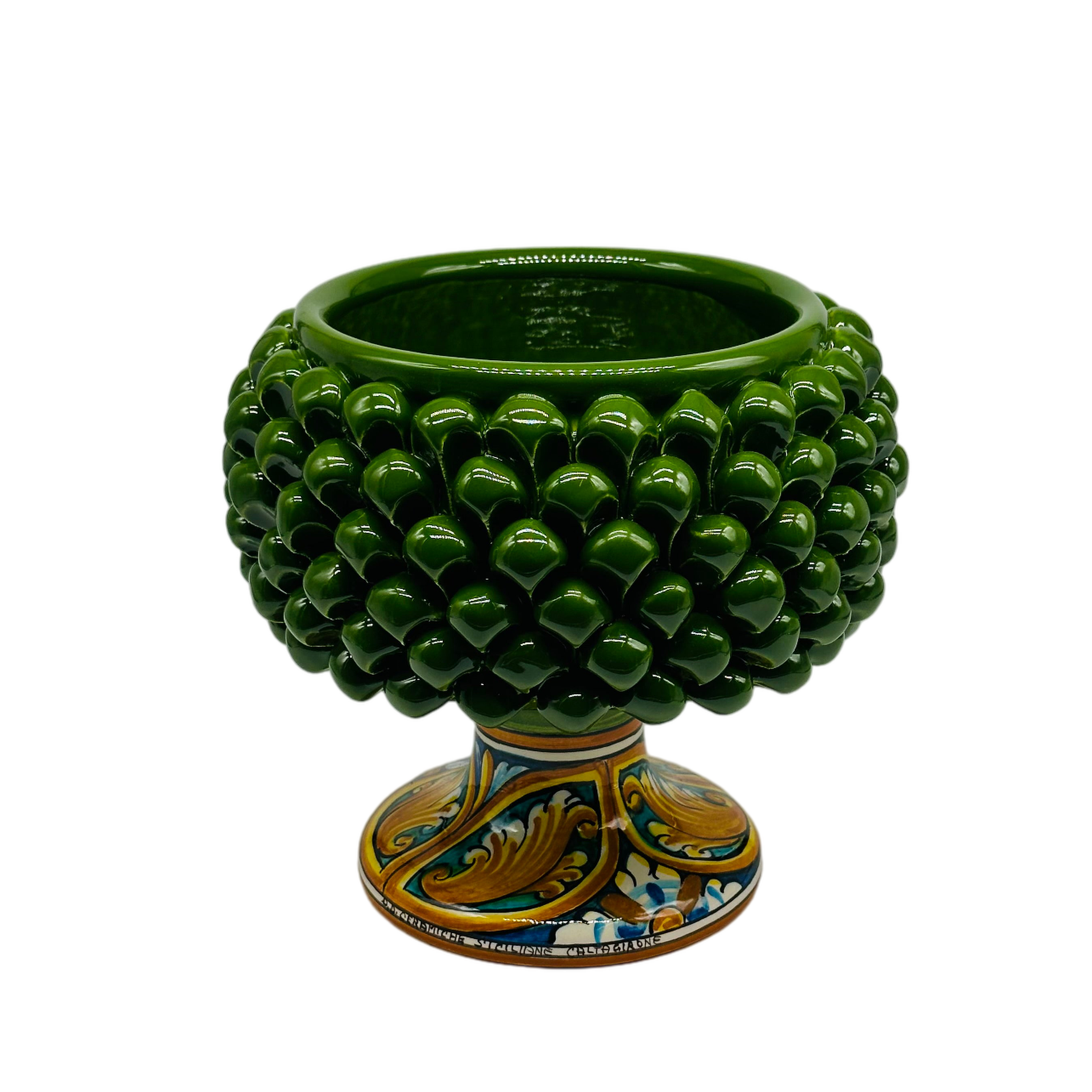 Portavaso Mezza Pigna Ceramica Caltagirone cm H.20 L.20 Artigianale Verde Base Decorata - MEZZA PIGNA