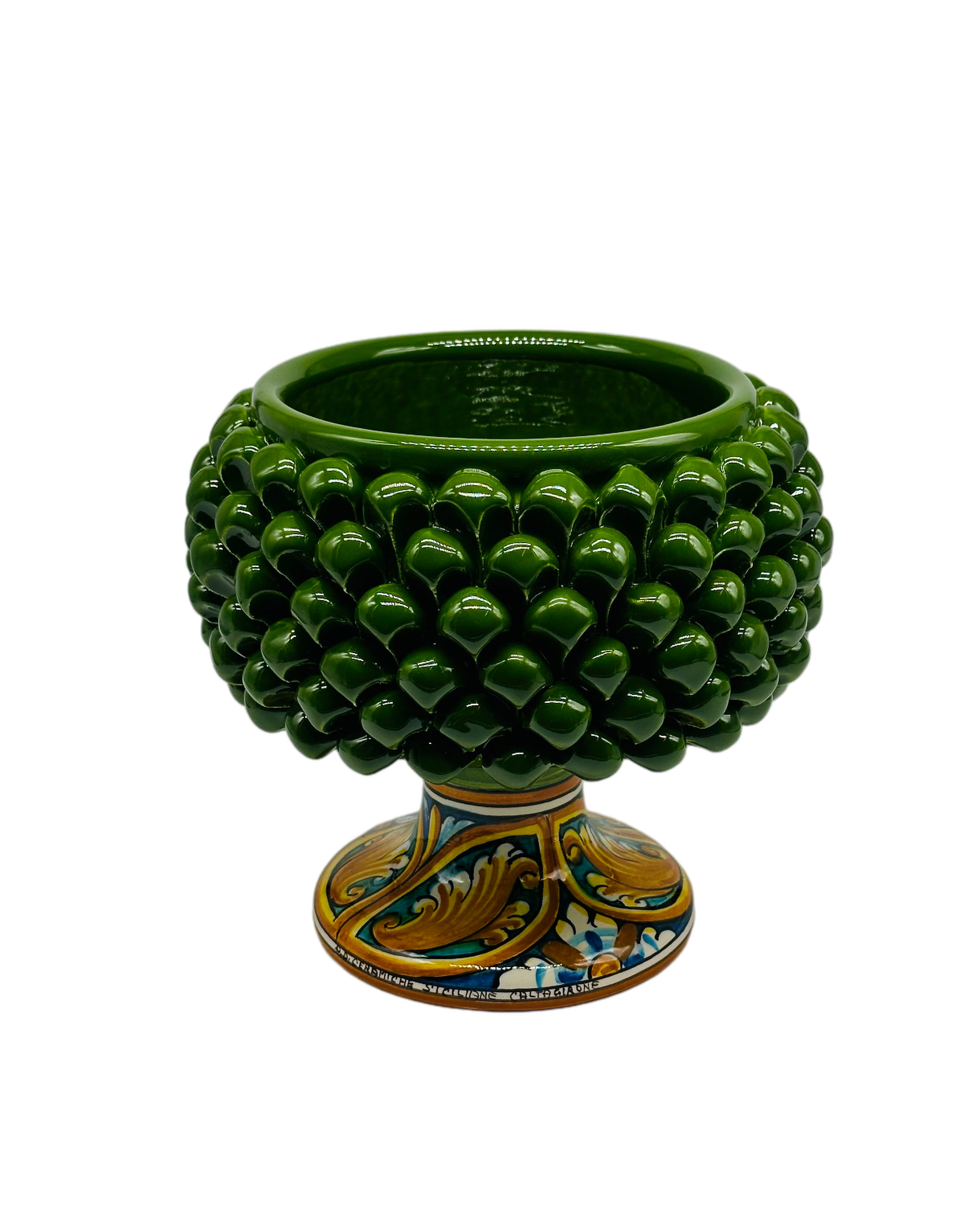 Portavaso Mezza Pigna Ceramica Caltagirone cm H.20 L.20 Artigianale Verde Base Decorata - MEZZA PIGNA