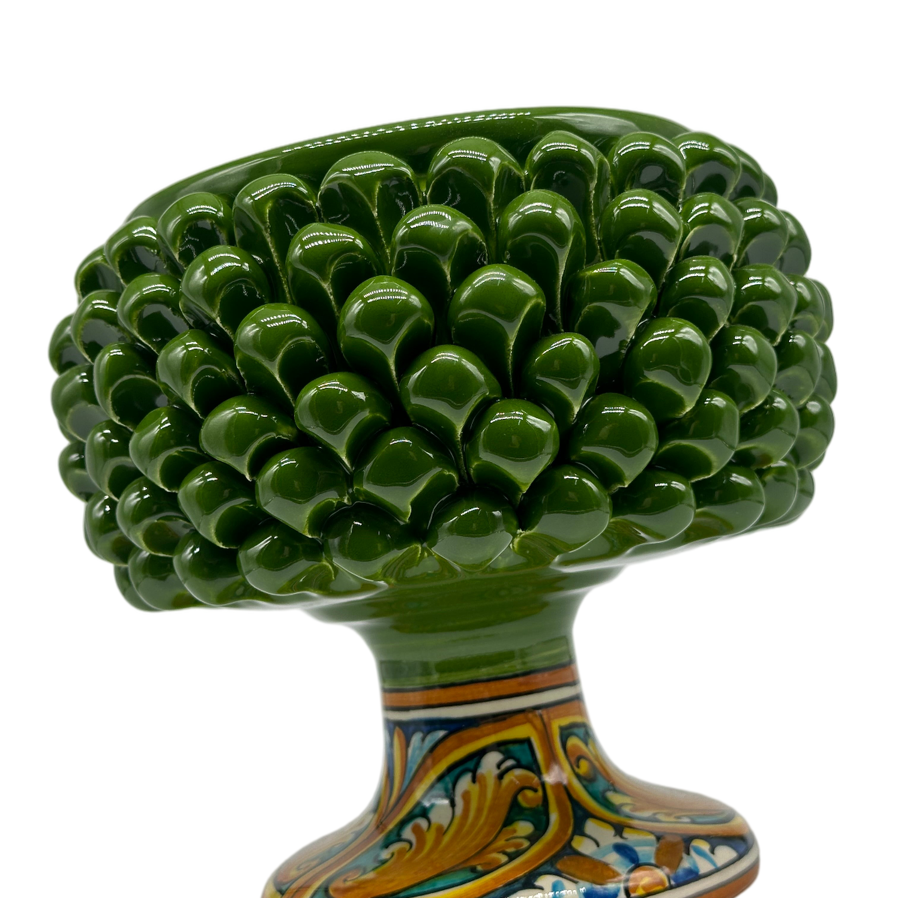 Portavaso Mezza Pigna Ceramica Caltagirone cm H.20 L.20 Artigianale Verde Base Decorata - MEZZA PIGNA