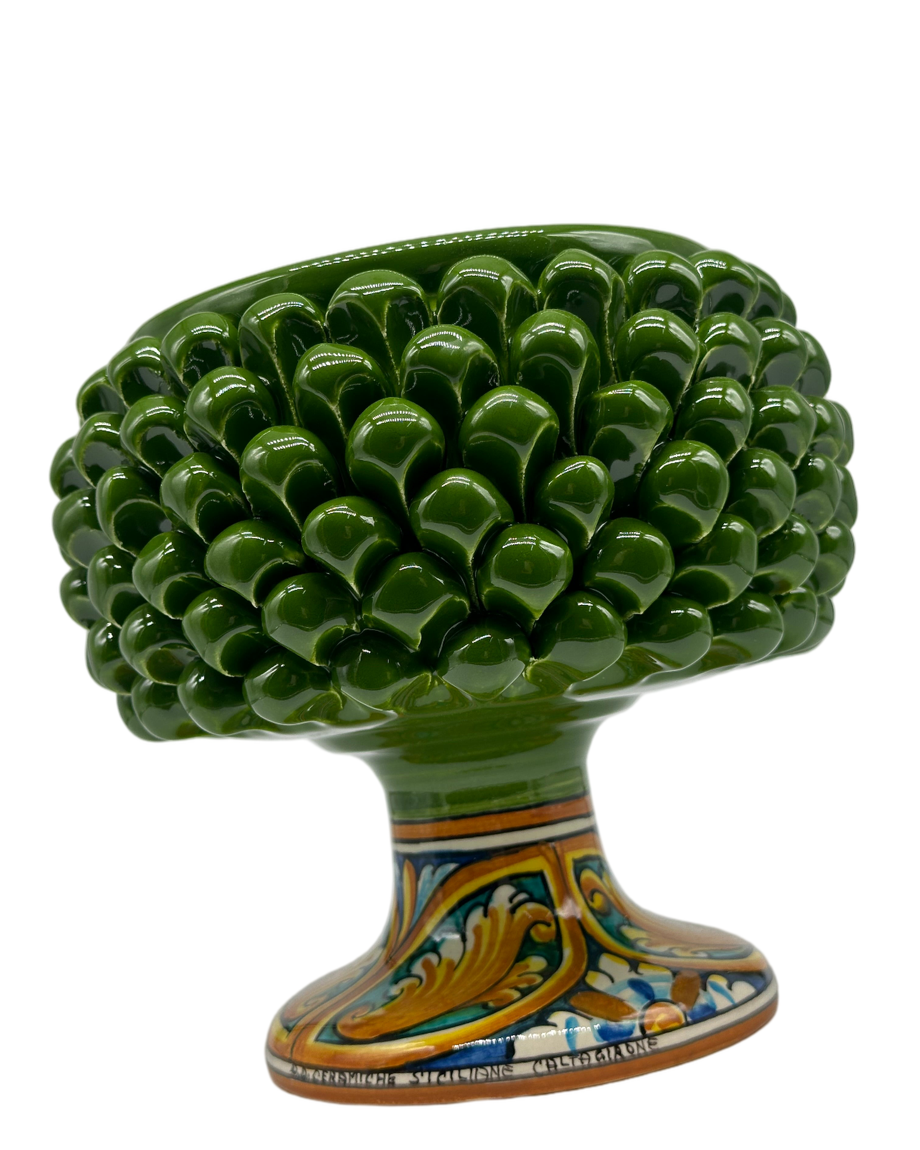 Portavaso Mezza Pigna Ceramica Caltagirone cm H.20 L.20 Artigianale Verde Base Decorata - MEZZA PIGNA
