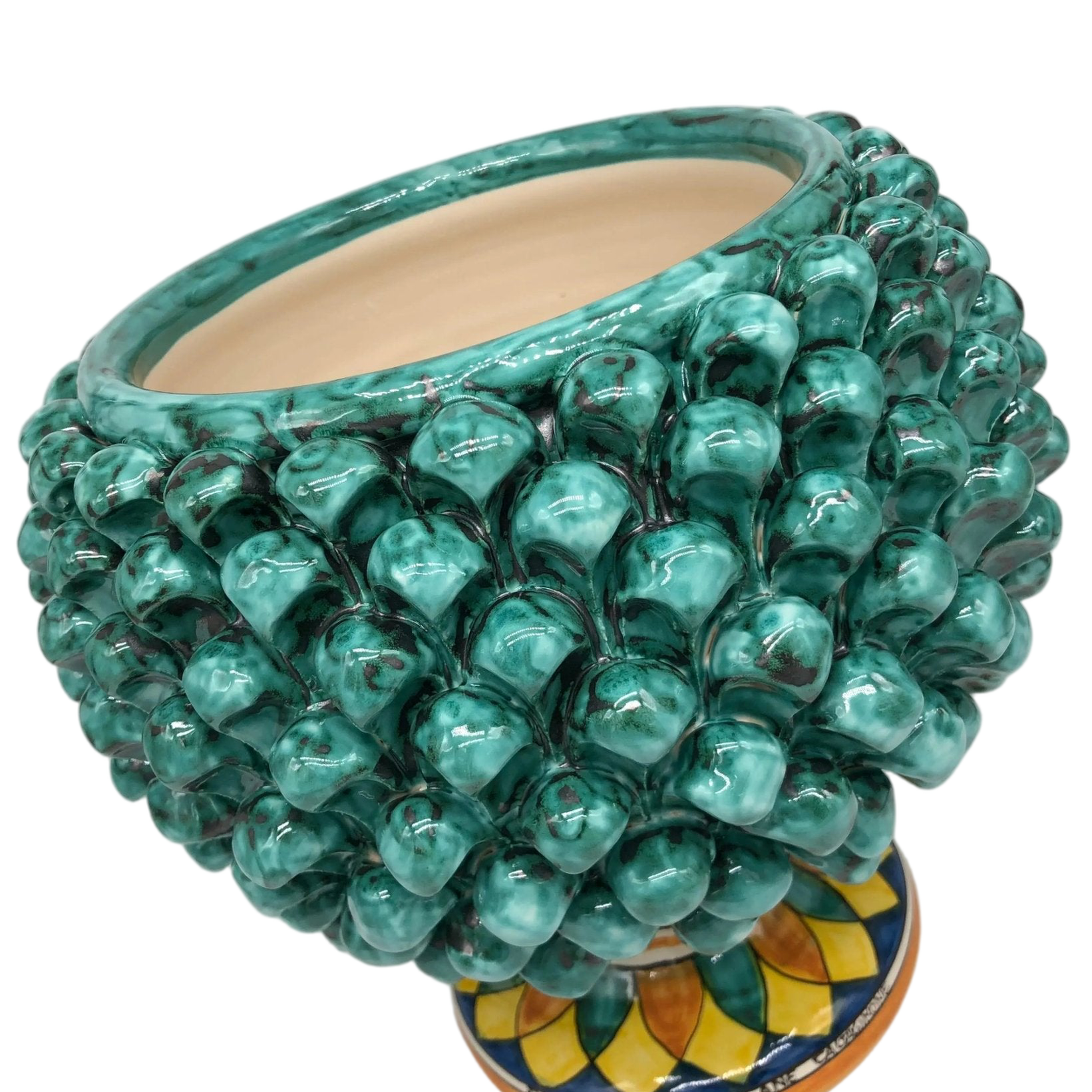 Portavaso Mezza Pigna Ceramica Caltagirone cm H.25 L.25 Artigianale Verde Acqua Base Decorata - DD CERAMICHE SICILIANE