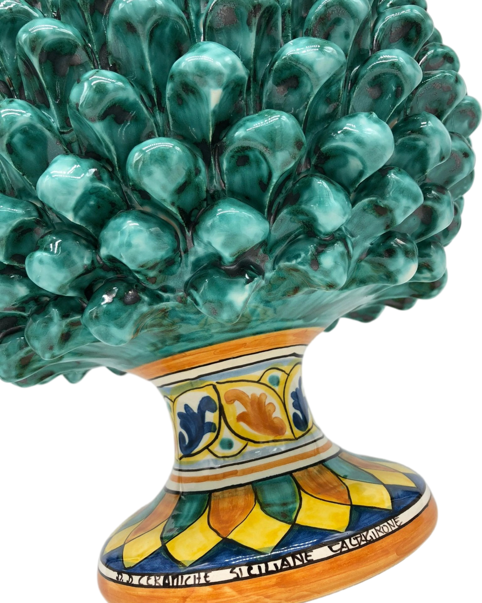 Portavaso Mezza Pigna Ceramica Caltagirone cm H.25 L.25 Artigianale Verde Acqua Base Decorata - DD CERAMICHE SICILIANE