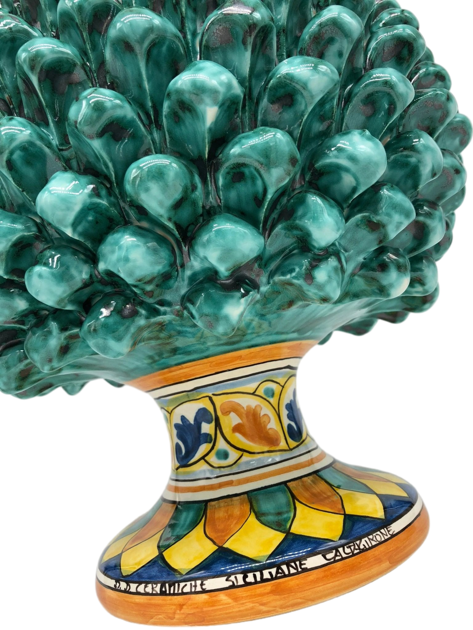 Portavaso Mezza Pigna Ceramica Caltagirone cm H.25 L.25 Artigianale Verde Acqua Base Decorata - DD CERAMICHE SICILIANE