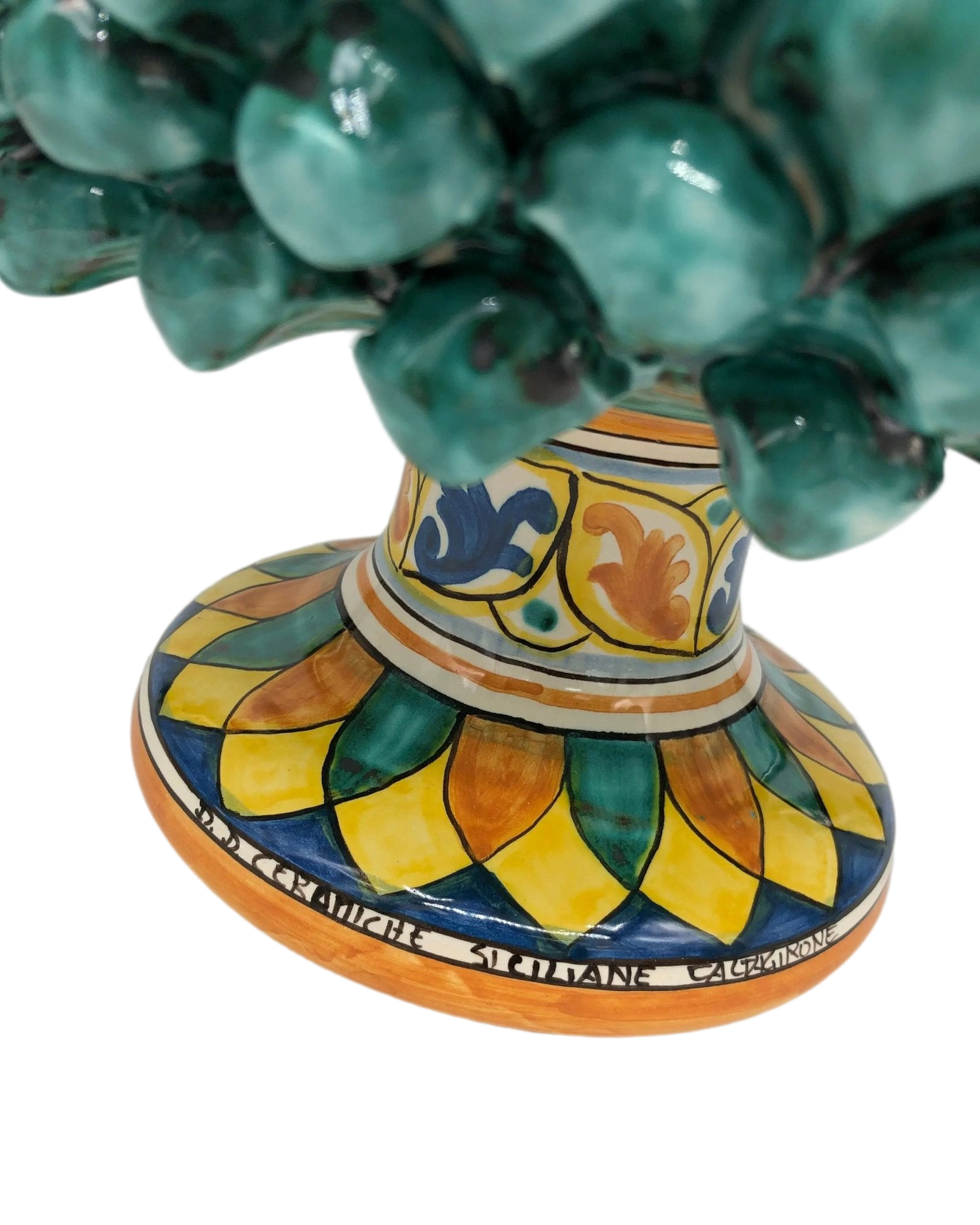 Portavaso Mezza Pigna Ceramica Caltagirone cm H.25 L.25 Artigianale Verde Acqua Base Decorata - DD CERAMICHE SICILIANE