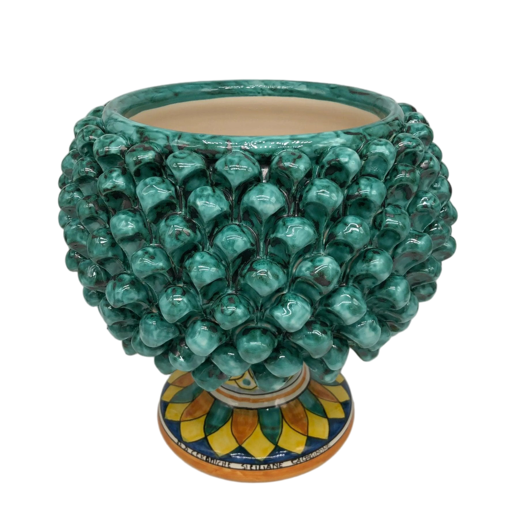 Portavaso Mezza Pigna Ceramica Caltagirone cm H.25 L.25 Artigianale Verde Acqua Base Decorata - DD CERAMICHE SICILIANE