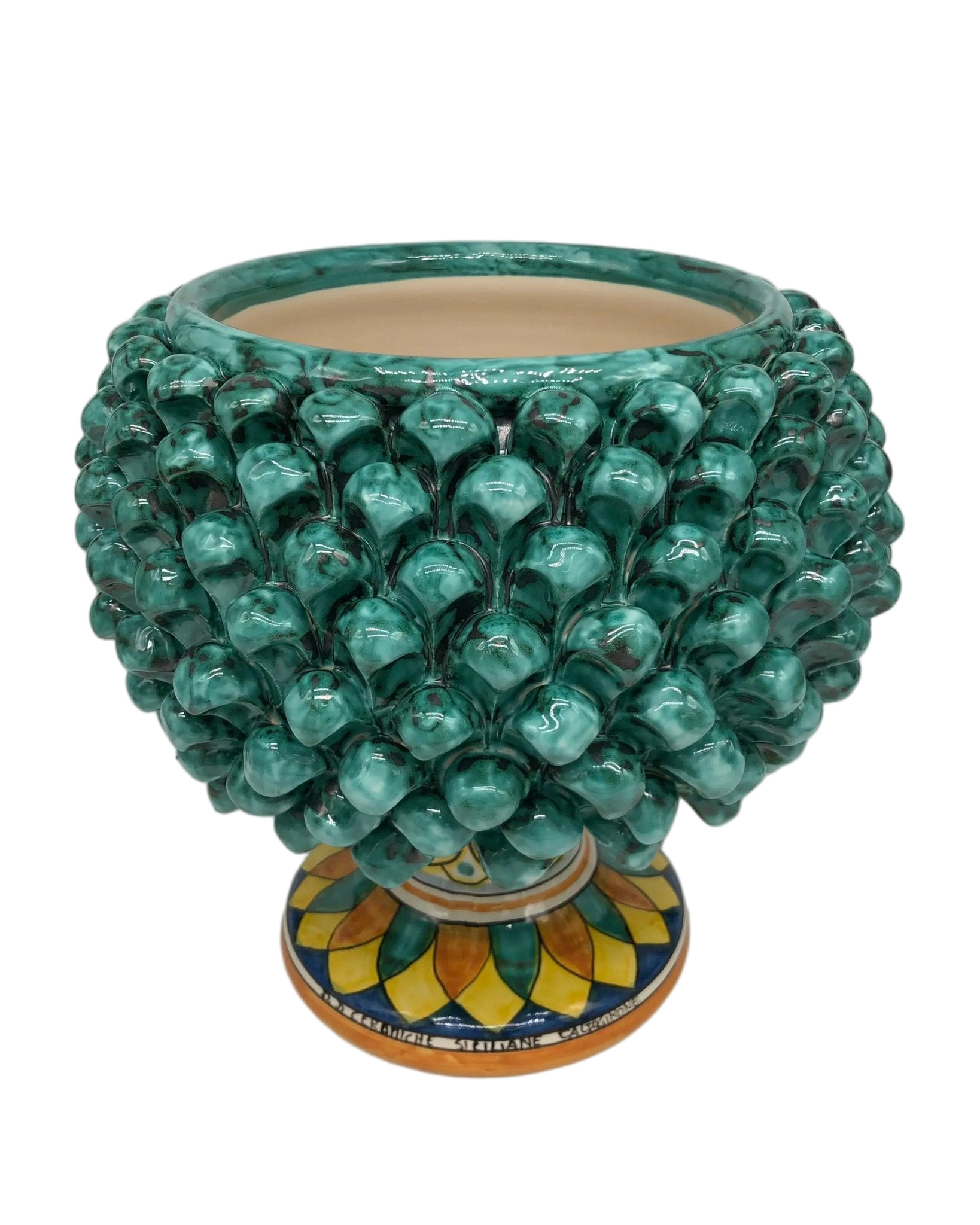 Portavaso Mezza Pigna Ceramica Caltagirone cm H.25 L.25 Artigianale Verde Acqua Base Decorata - DD CERAMICHE SICILIANE