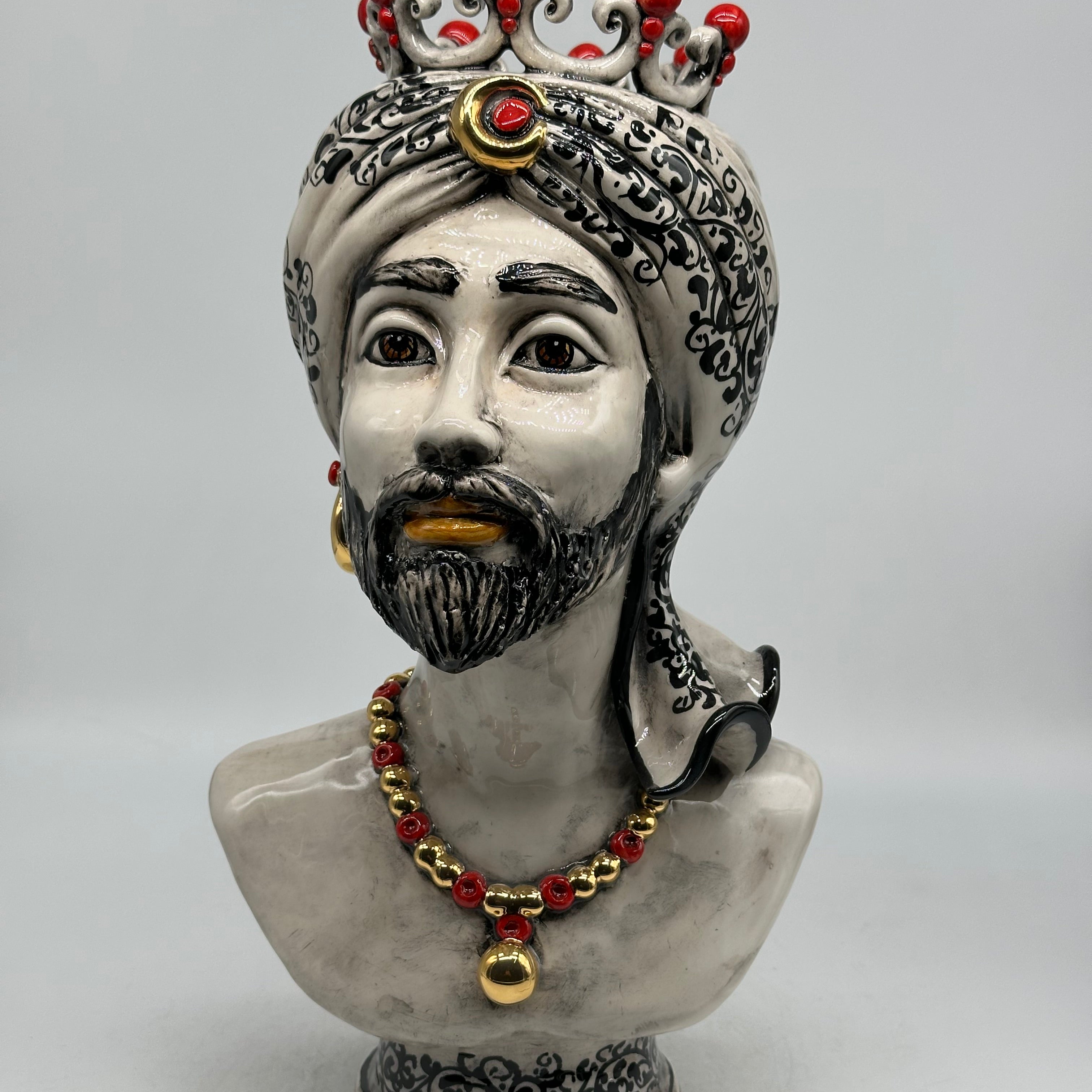 Mezzobusto Ceramica Caltagirone cm H.36 L.22 Artigianale Decoro ‘600 Nero Rosso Oro - Uomo - TESTE DI MORO