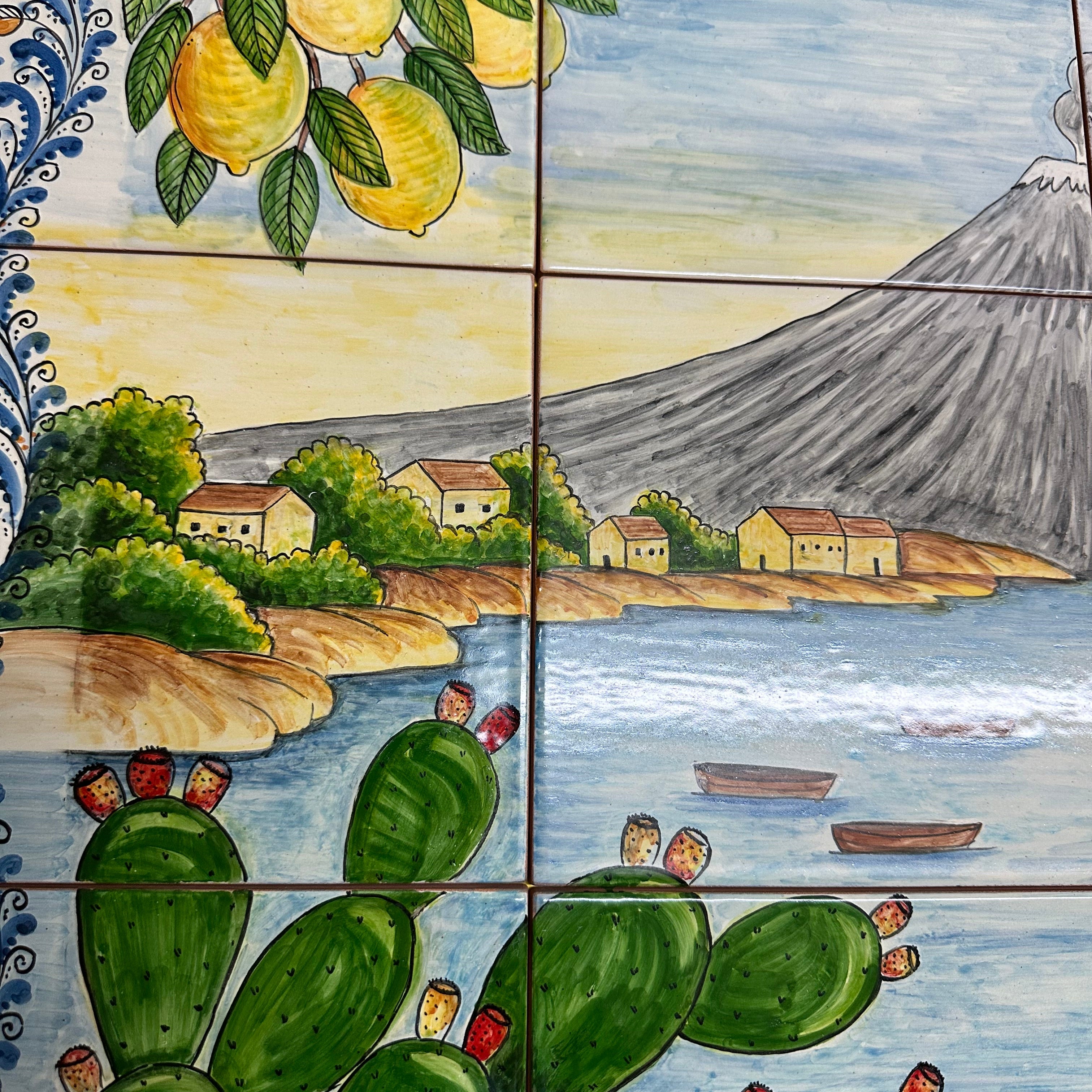 Mosaico Pannello Etna Ceramica Caltagirone cm 80x60 Piastrelle decorate a mano - MAIOLICHE