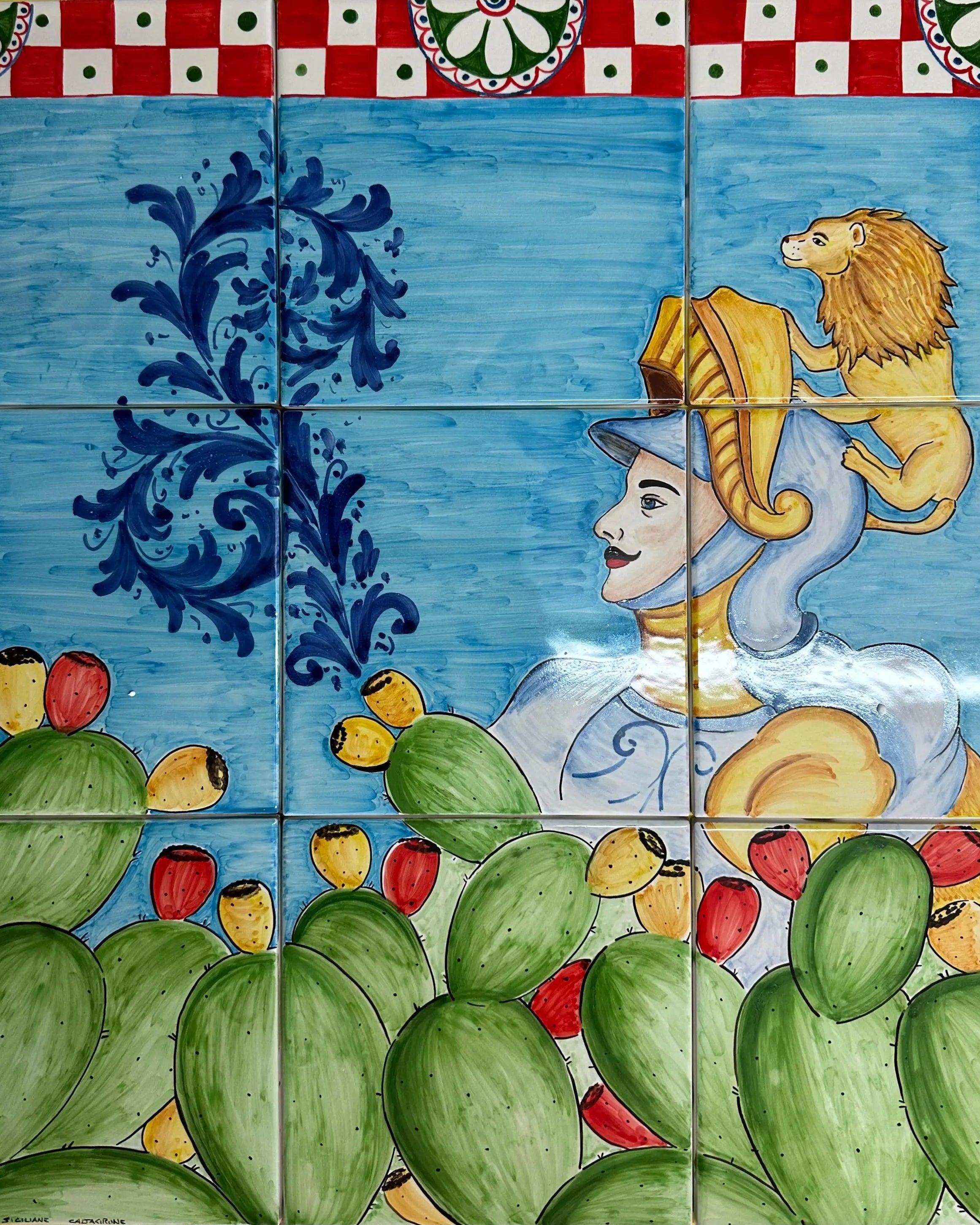 Mosaico Pannello Paladino Ceramica Caltagirone cm 60x60 Mattonelle decorate a mano DD CERAMICHE SICILIANE