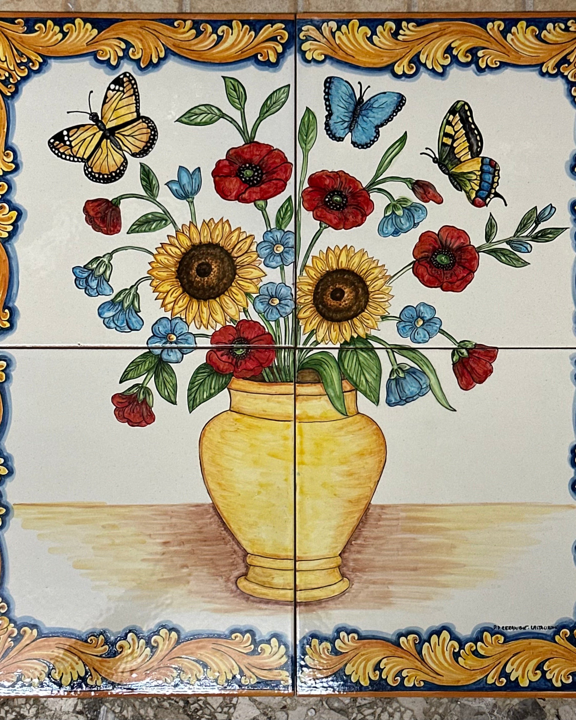 Mosaico Pannello Vaso di Fiori Ceramica Caltagirone cm 60x60 Piastrelle decorate a mano - MAIOLICHE