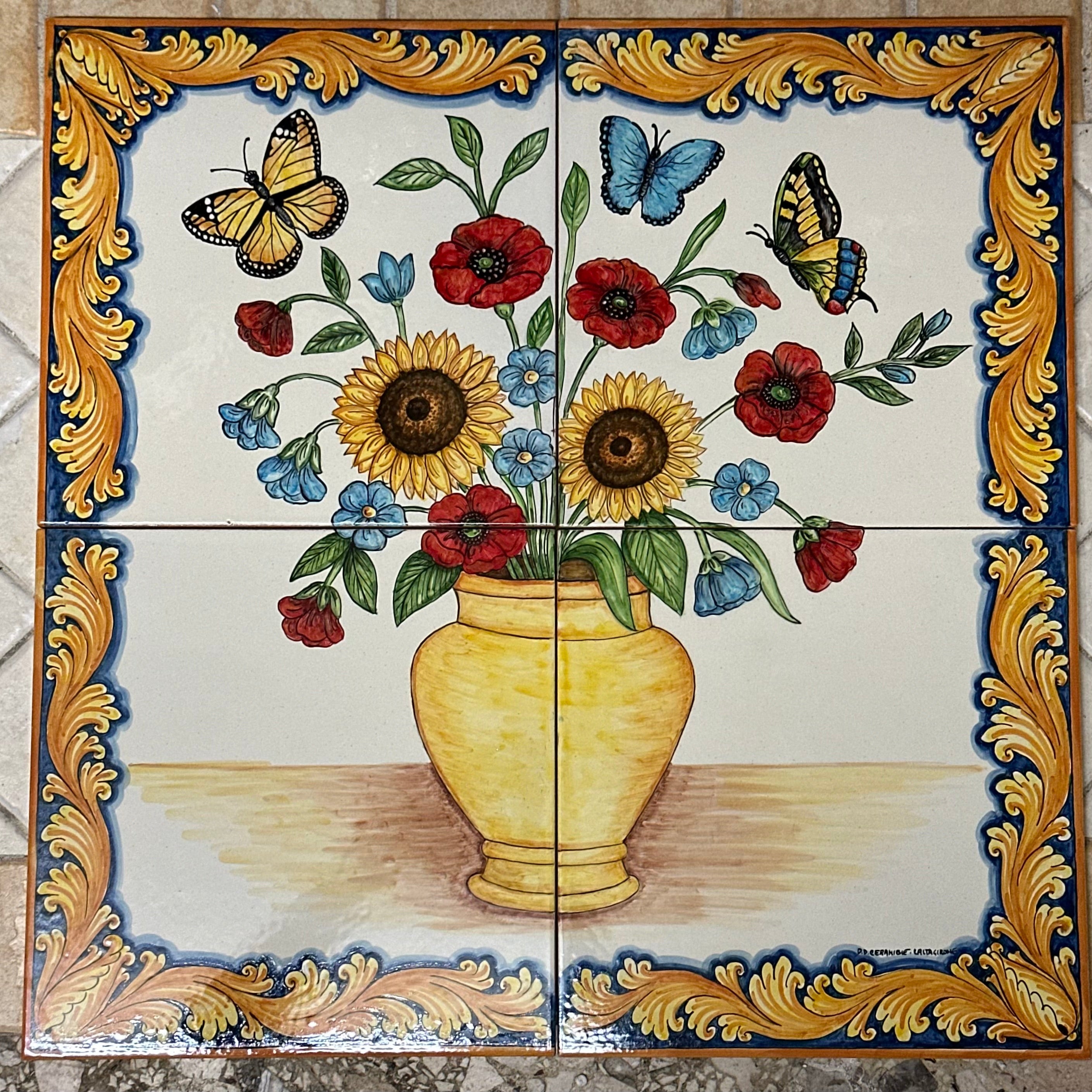 Mosaico Pannello Vaso di Fiori Ceramica Caltagirone cm 60x60 Piastrelle decorate a mano - MAIOLICHE